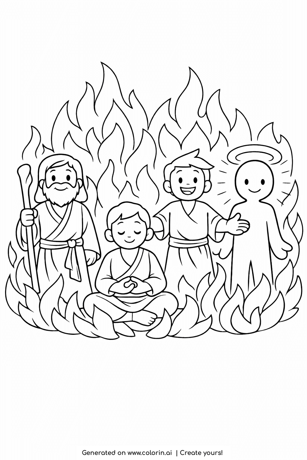 bible story coloring pages, three friends standing calmly in tall flames with a shining fourth figure in the fiery furnace