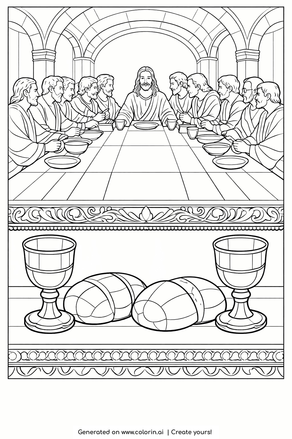 bible coloring pages for adults, the Last Supper with Jesus and disciples along a long table under arches