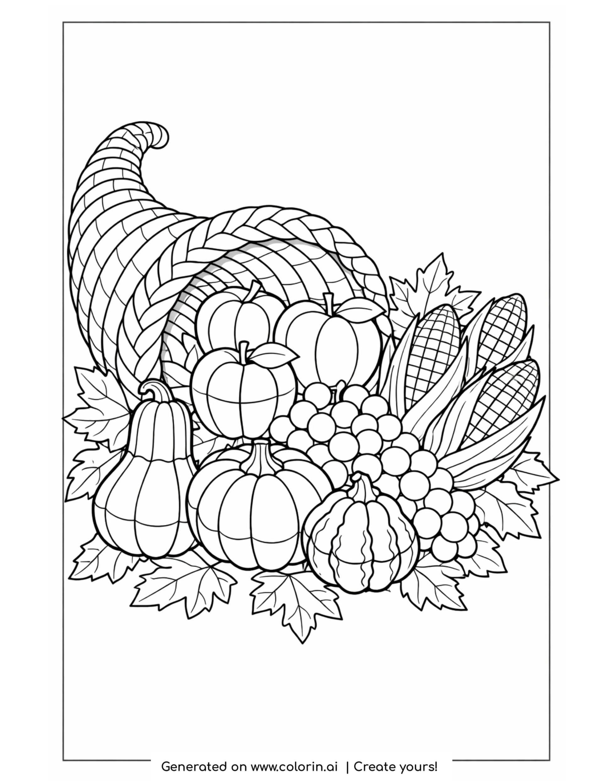 thanksgiving food coloring pages, a woven cornucopia tipped over and overflowing with apples, grapes, corn, pumpkins, and gourds