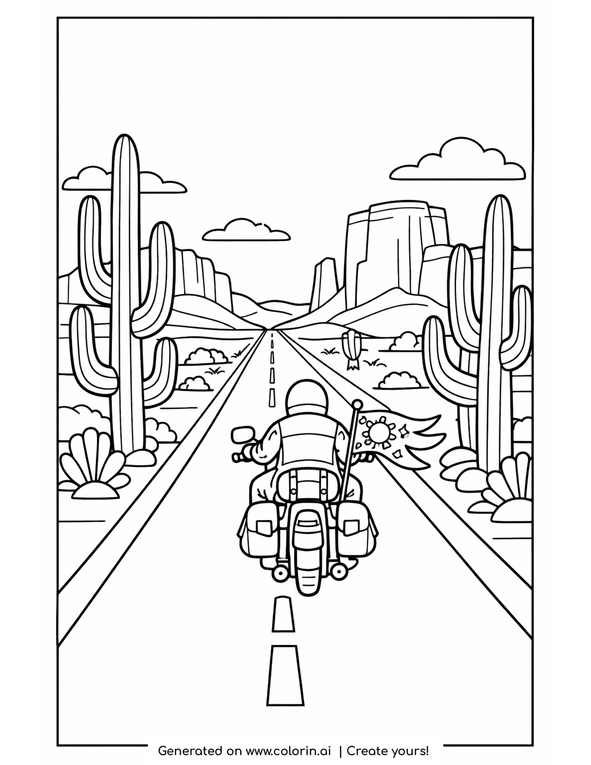 desert coloring pages - desert of tall cacti and rock buttes above a long empty highway