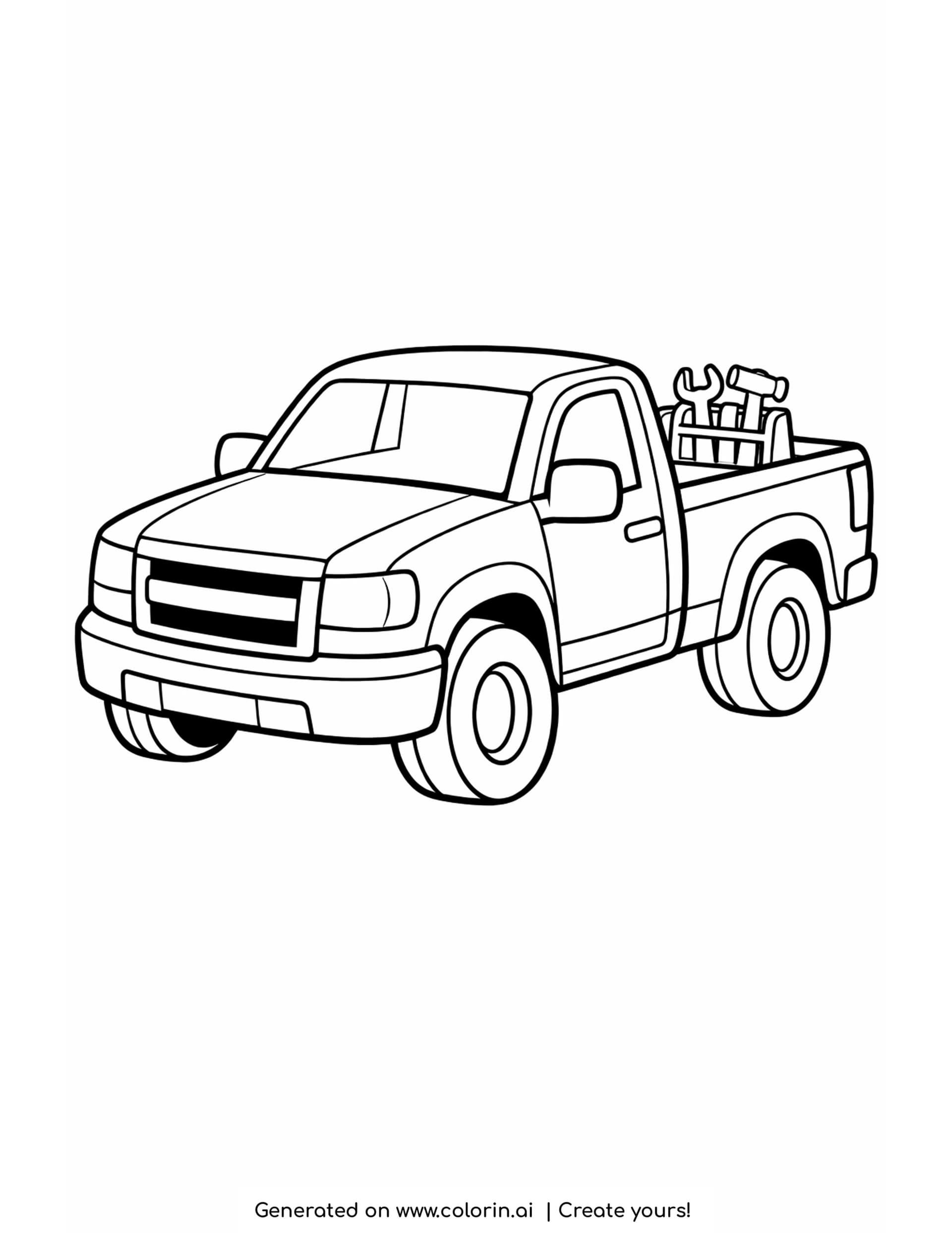 simple pickup truck coloring pages: a bold pickup truck with an open cargo bed and a rack of tools