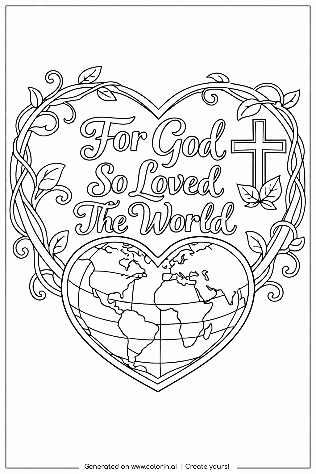 bible verse coloring pages, For God So Loved the World in a vine heart with a cross and a globe of the earth