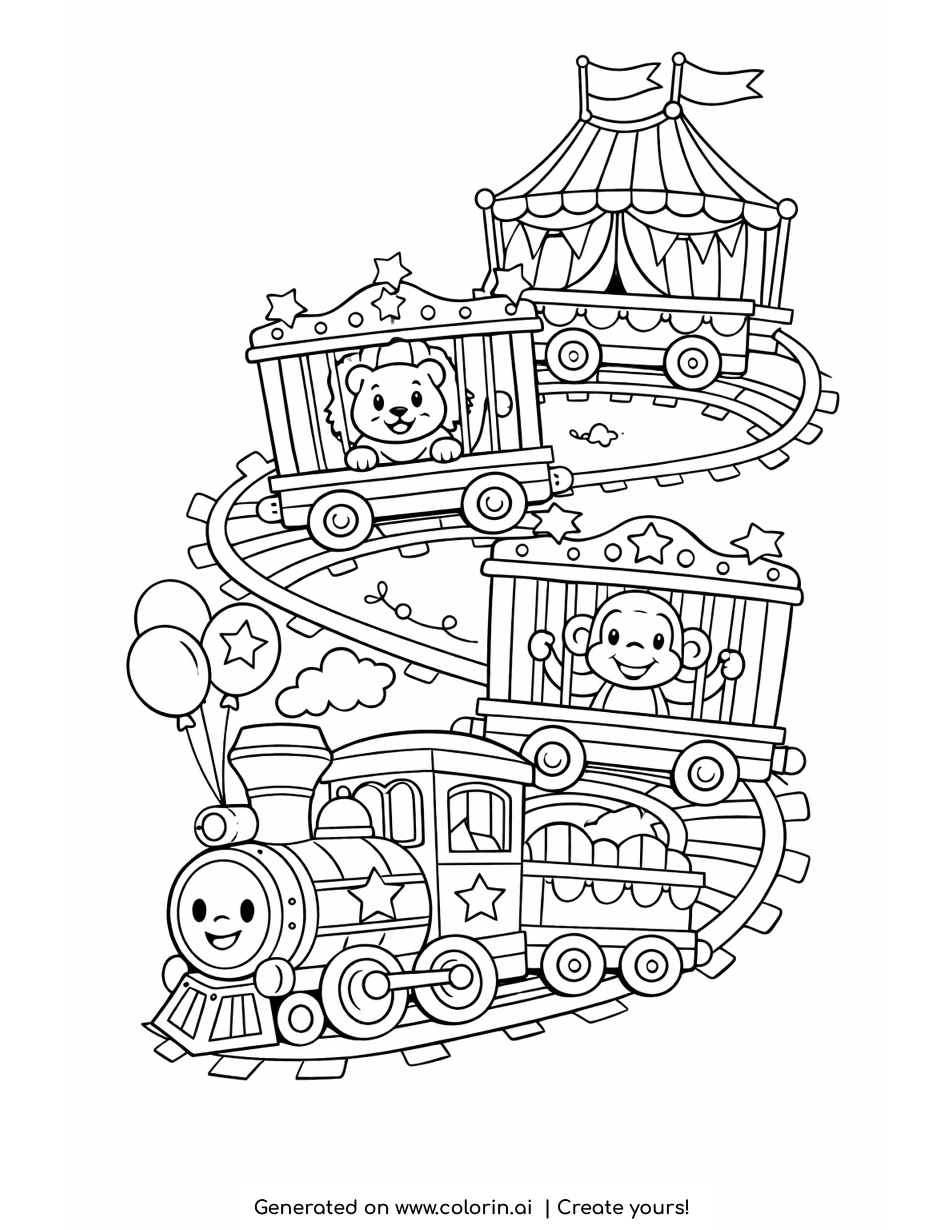 circus train wagons coloring pages: barred wagons with a lion and a monkey under a striped big top