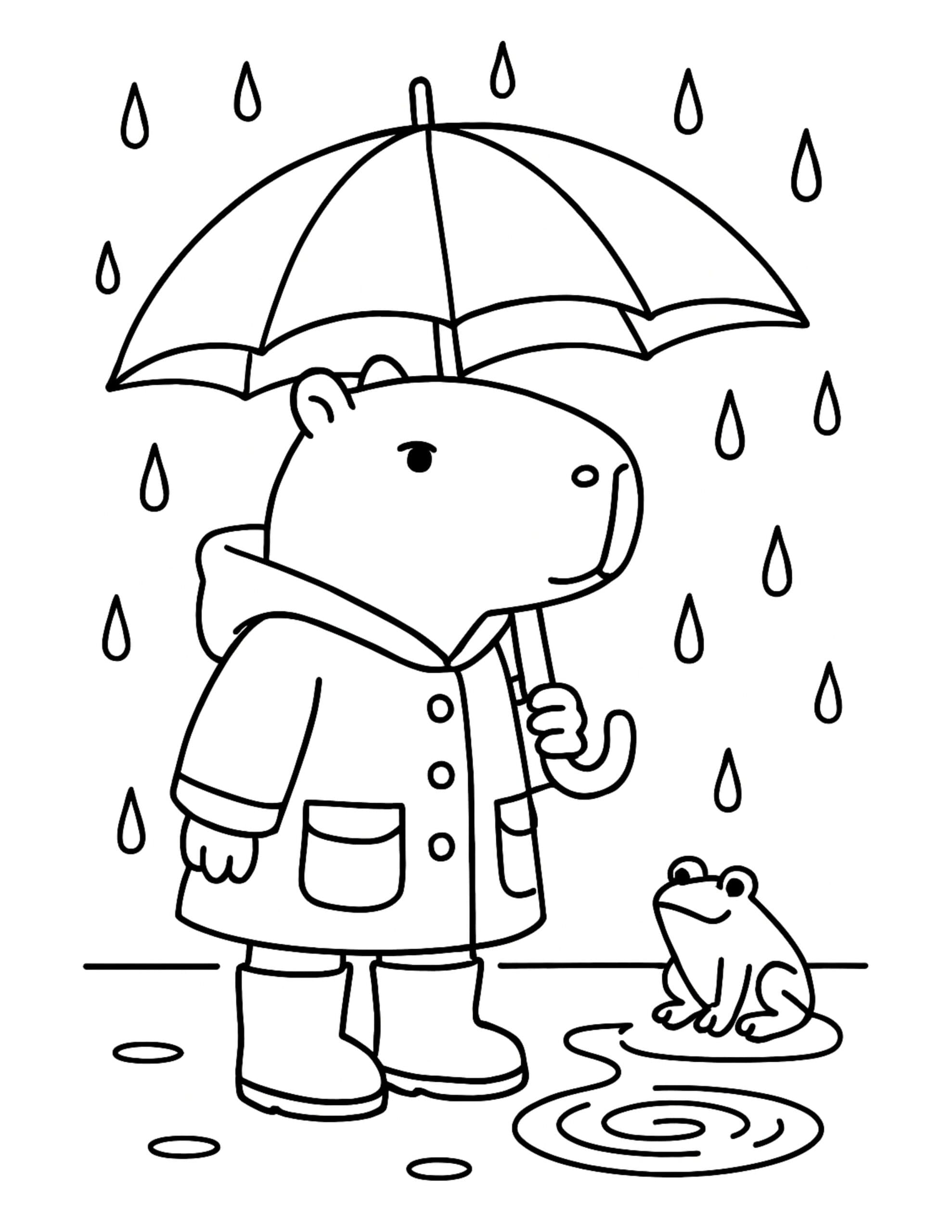 capybara holding umbrella in rain coloring page with a raincoat, boots, raindrops, a puddle, and a small frog, coloring page