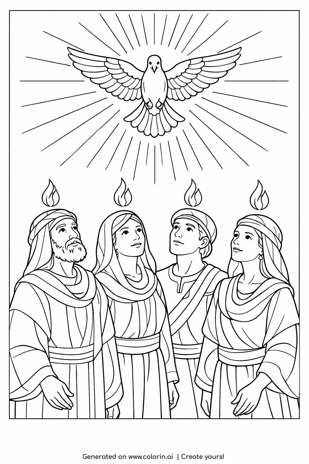 adult bible coloring pages, Pentecost with a descending dove, streaming rays, and flames over four figures