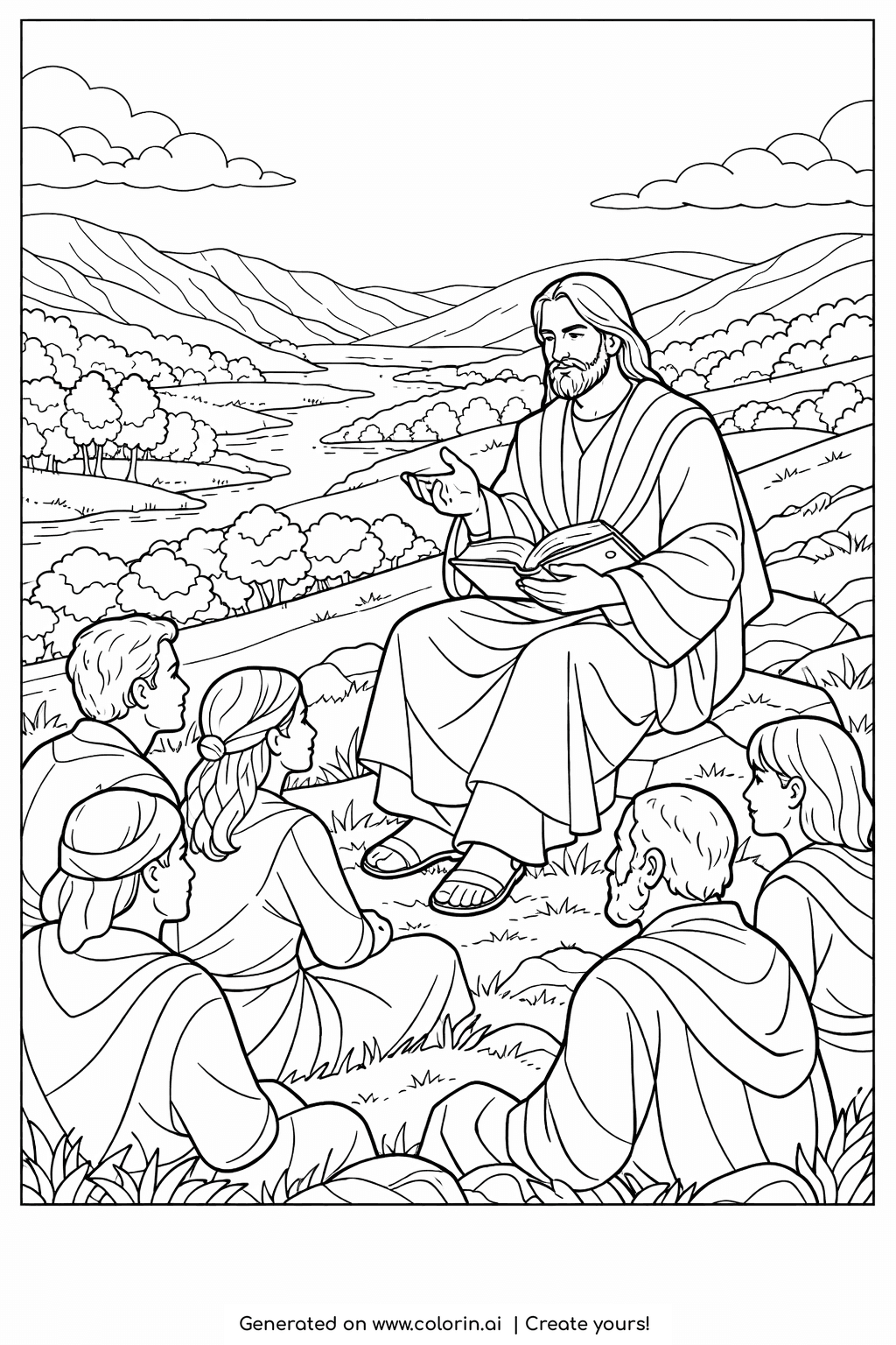 free bible coloring pages for adults, the Sermon on the Mount with Jesus teaching a seated crowd on a hillside