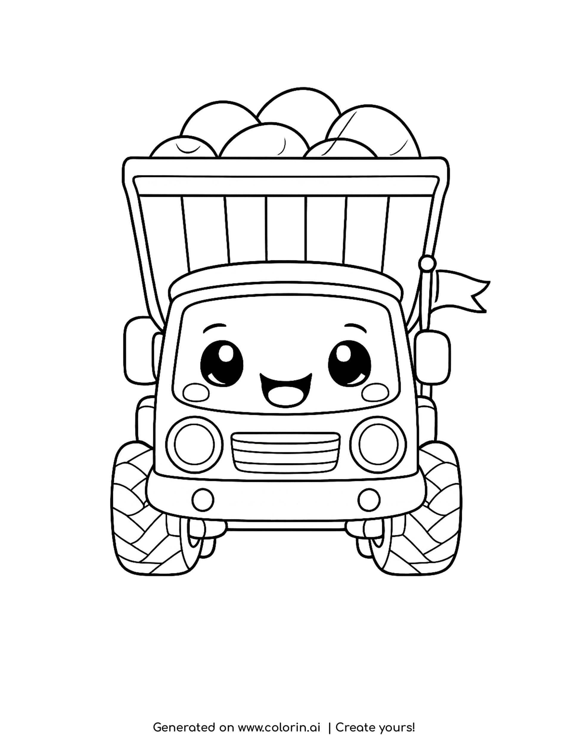 cute dump truck coloring pages, a smiling dump truck seen from the front with its bed raised high and full of rounded rocks