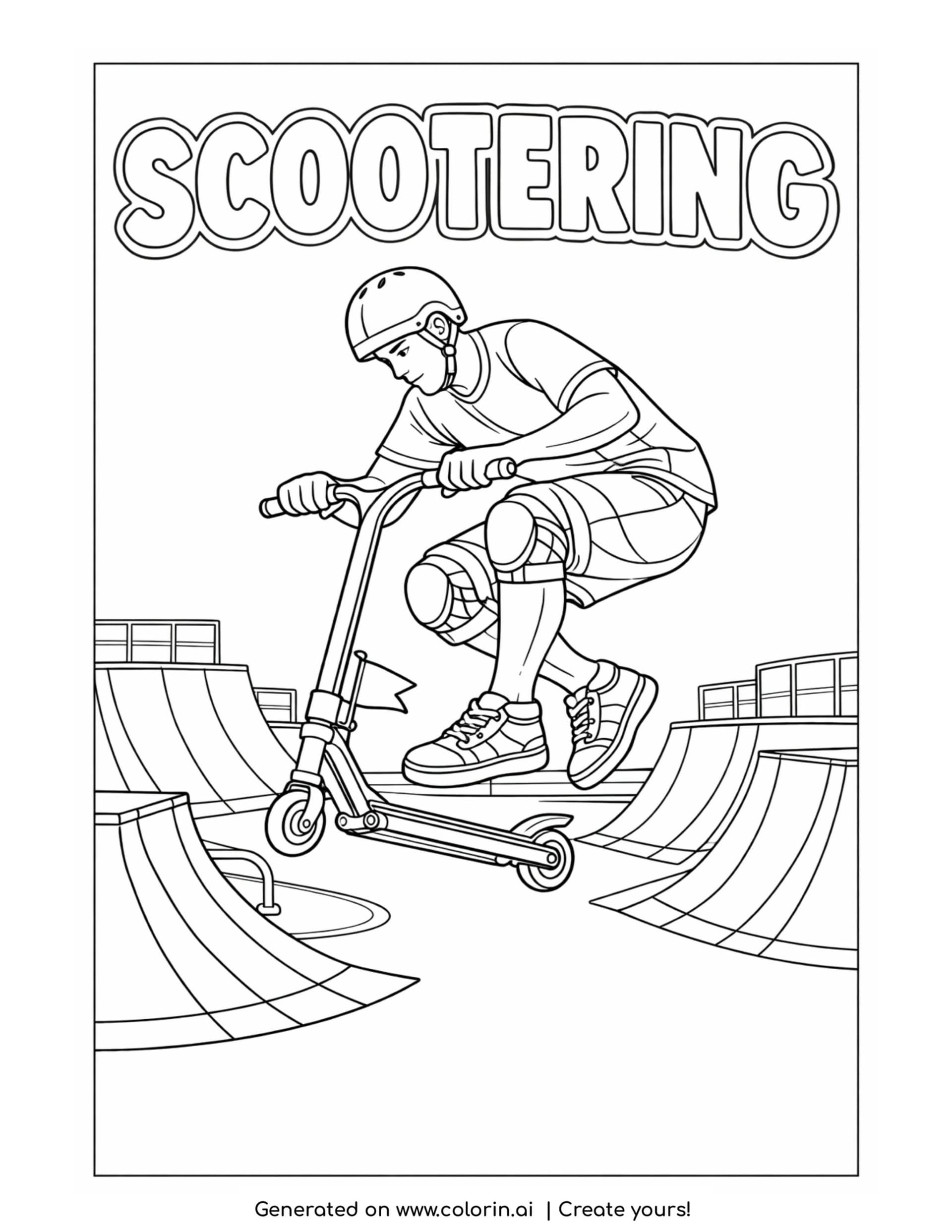 scooter rider doing jump trick coloring page with helmet and skatepark ramps in background coloring page