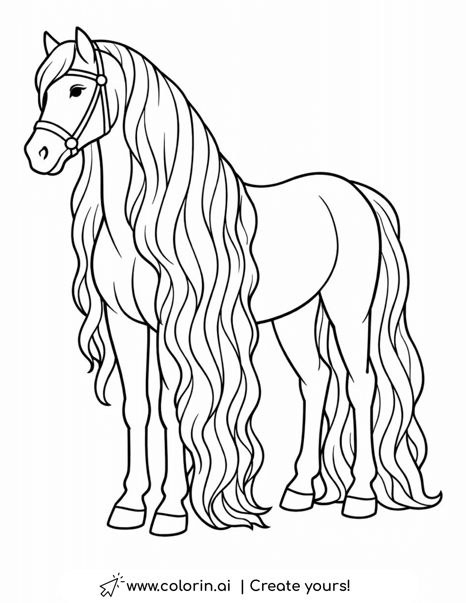 horse with long wavy mane coloring page side view elegant illustration coloring page