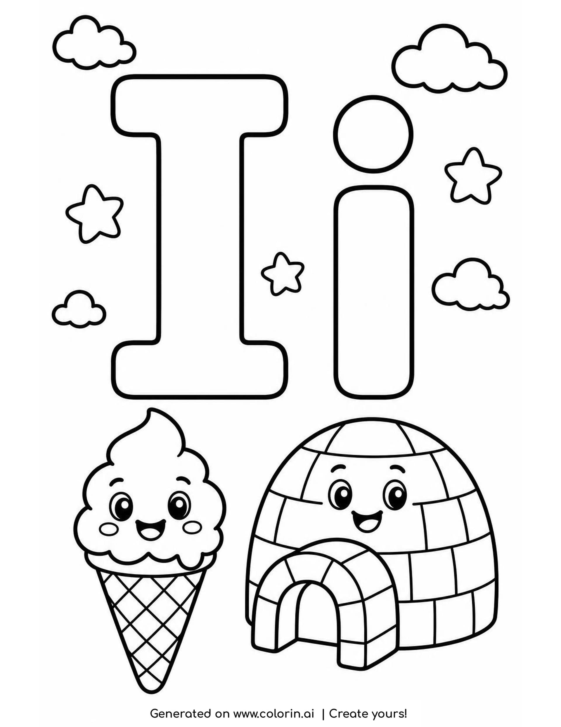 A letter I coloring page with a hollow capital I and lowercase i above a smiling ice cream cone and a smiling igloo, with clouds and stars