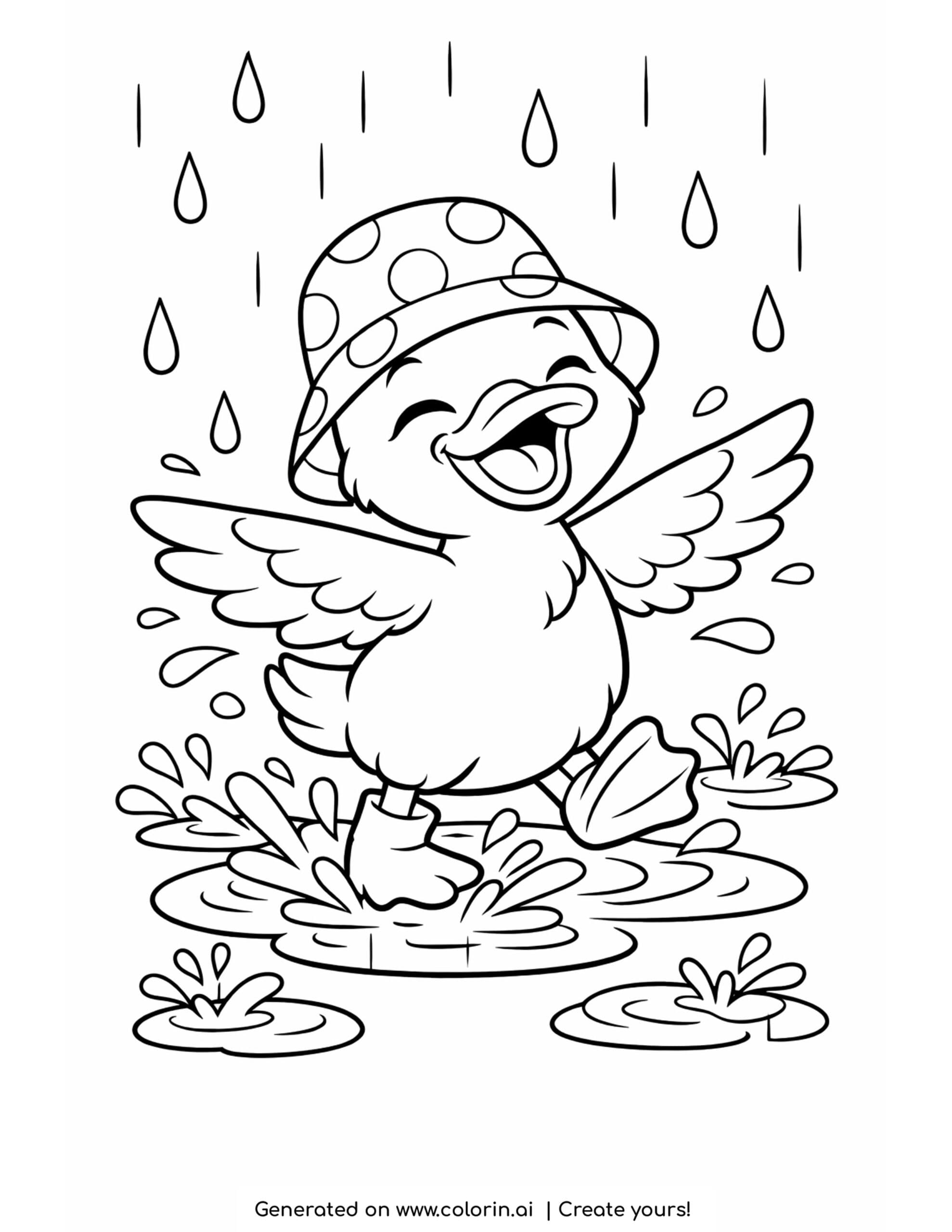duck dancing in the rain coloring page with happy duck splashing in puddles