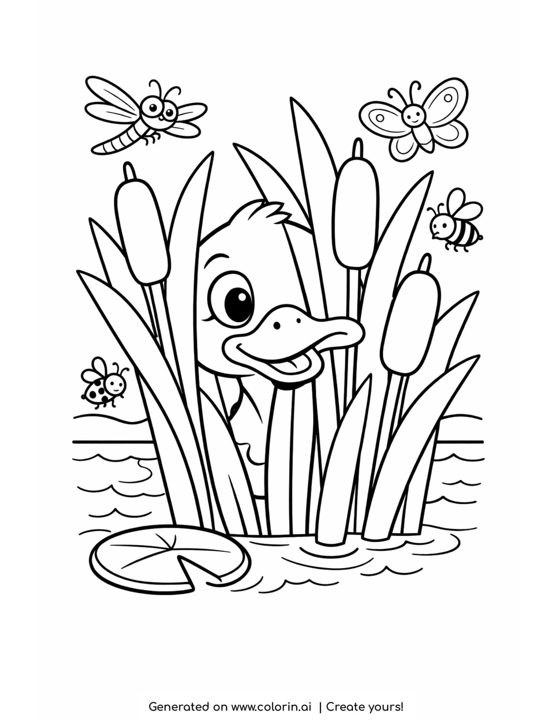 duck peeking through reeds coloring page with insects and pond plants