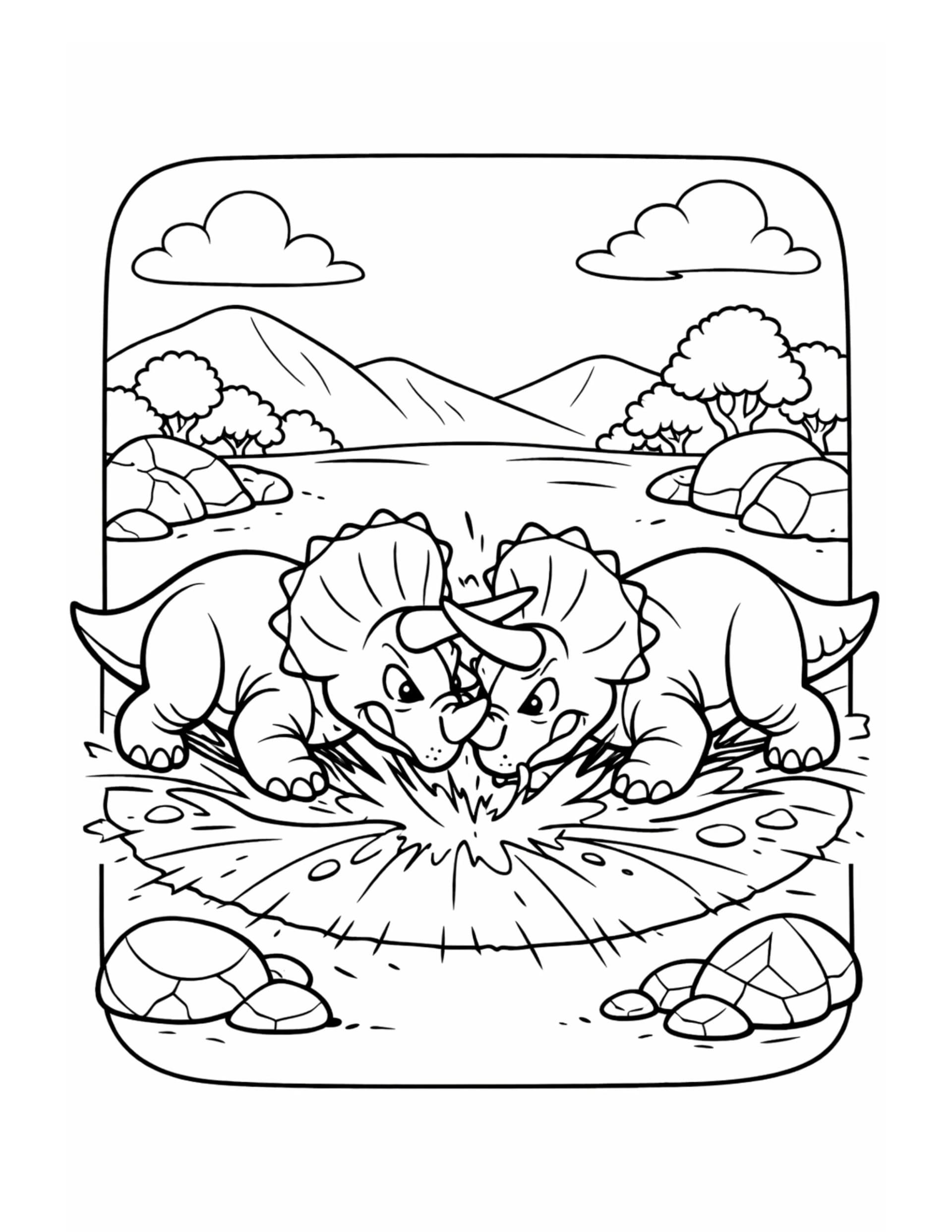 triceratops headbutting in open field coloring page with two triceratops locking horns in a grassy scene coloring page
