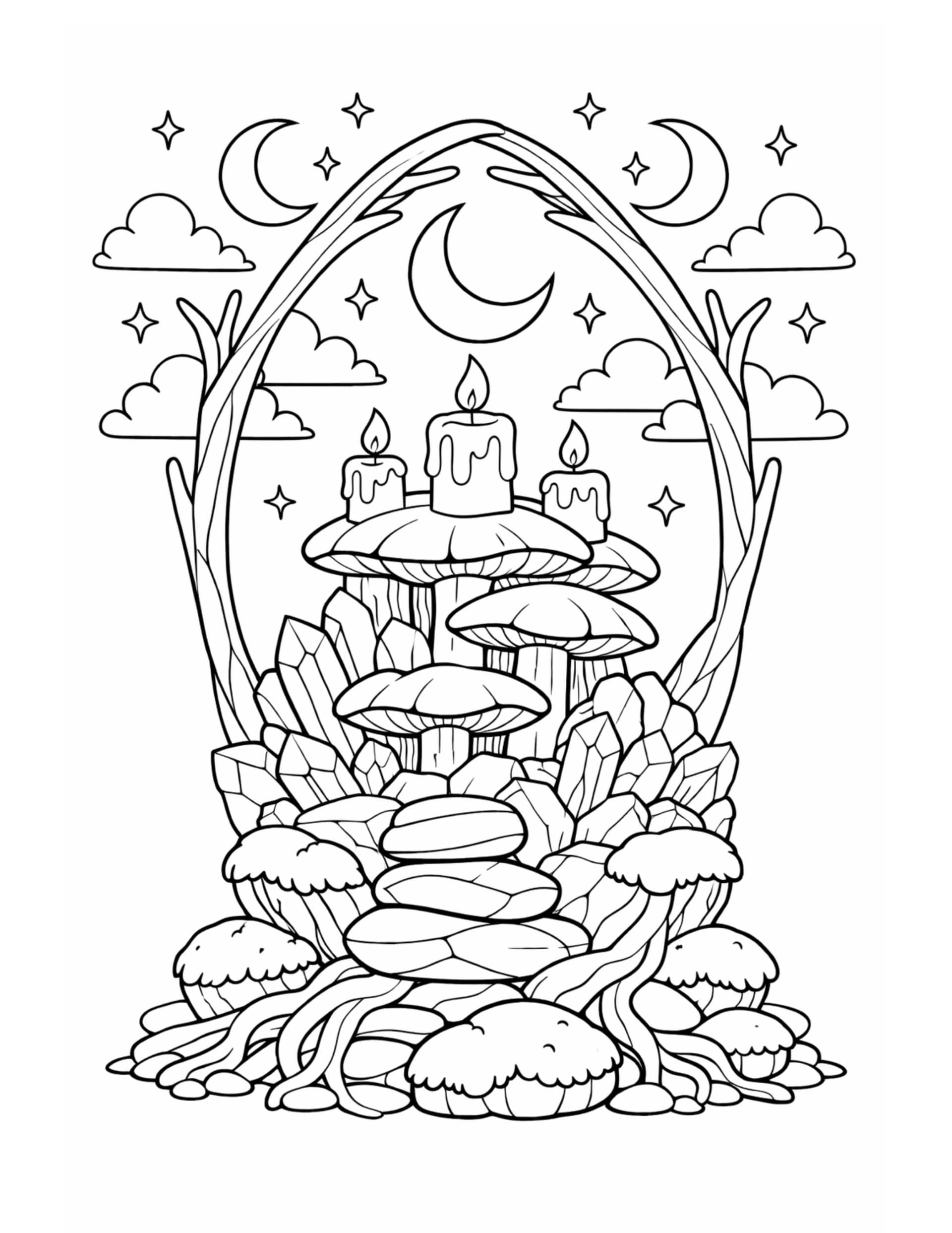 moonlit mushroom altar with candlelight coloring page with mushrooms, candles, crystals, moons, stars, and clouds coloring page