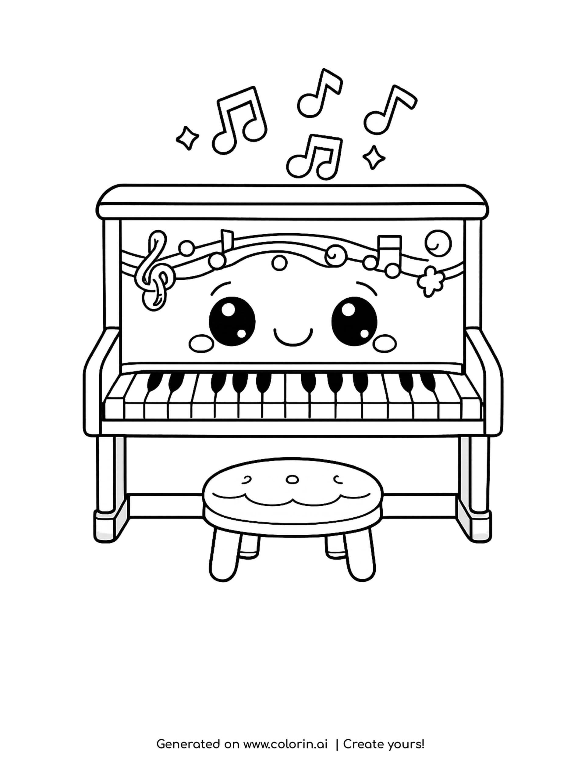 piano coloring pages - cute upright piano with a smiling face, a stool and music notes above