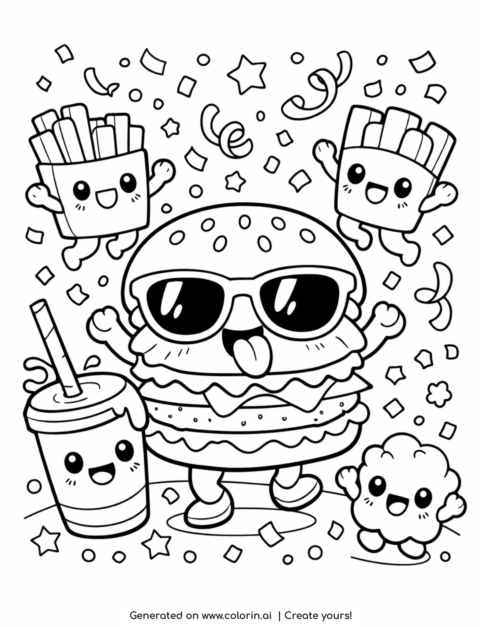burger dancing with fries coloring page with sunglasses and smiling snacks