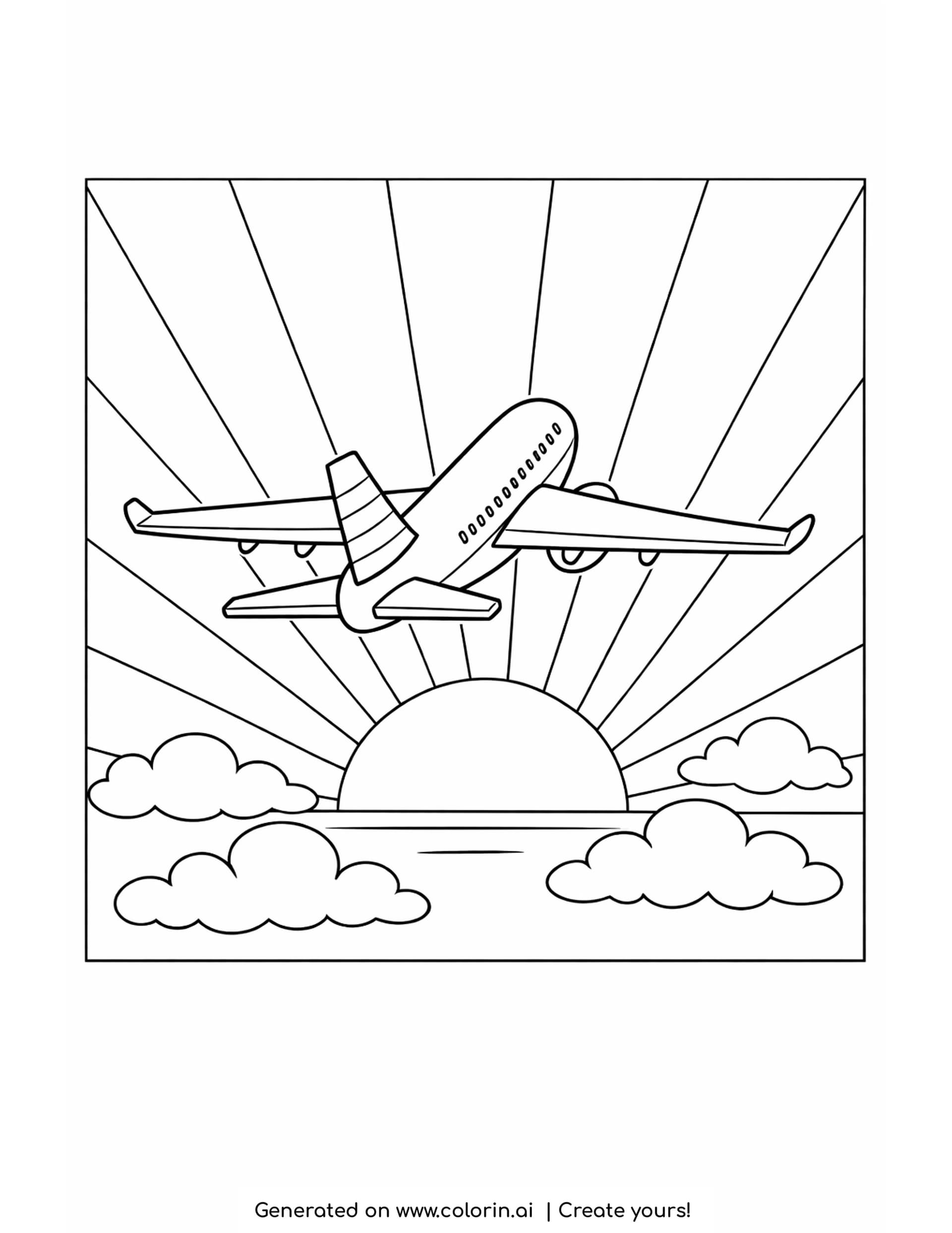 airplane sunset coloring pages — jet seen from below climbing above a low sun with long fanning rays
