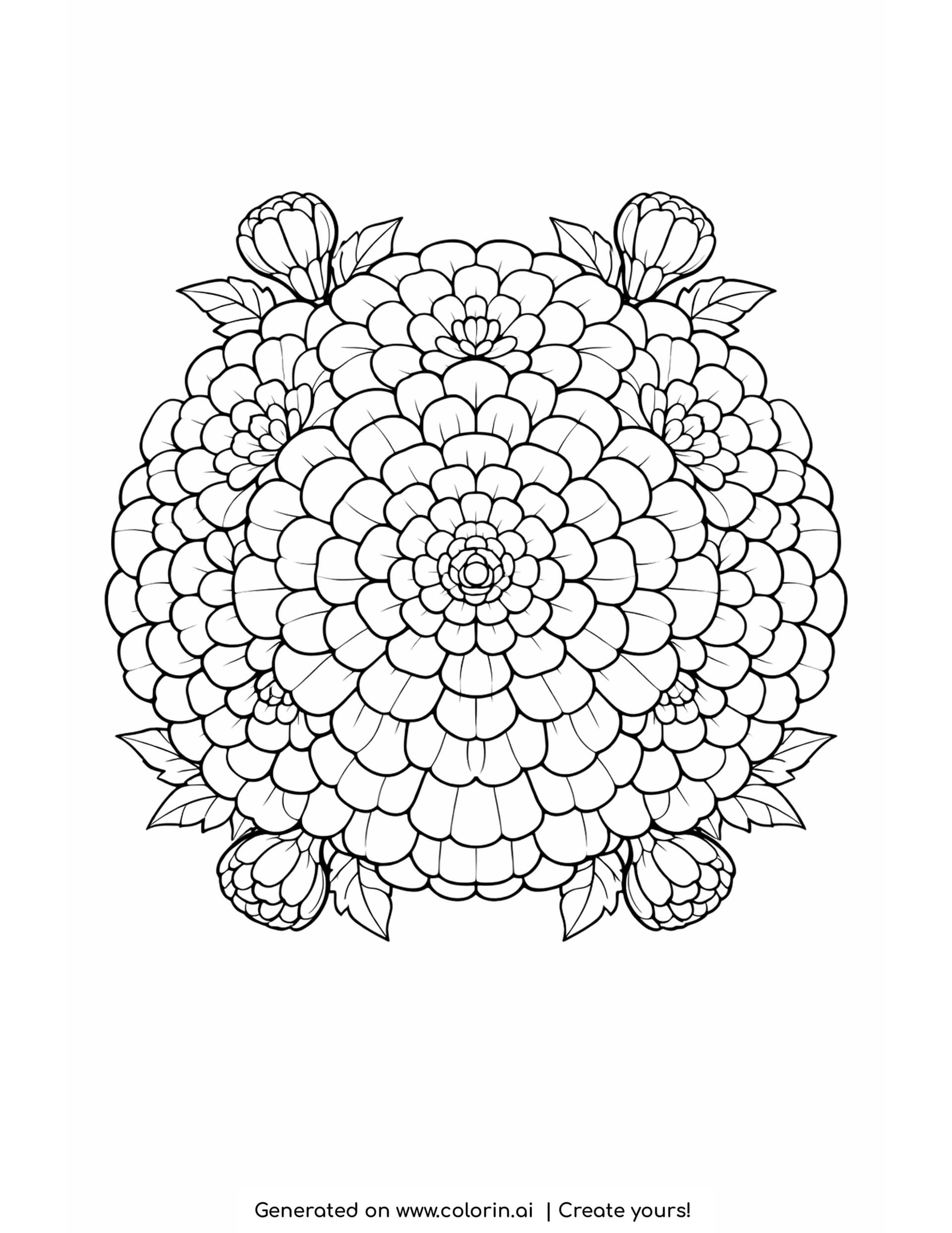 marigold mandala coloring pages, circular mandala of layered marigold petals in seven rings with closed buds at the corners