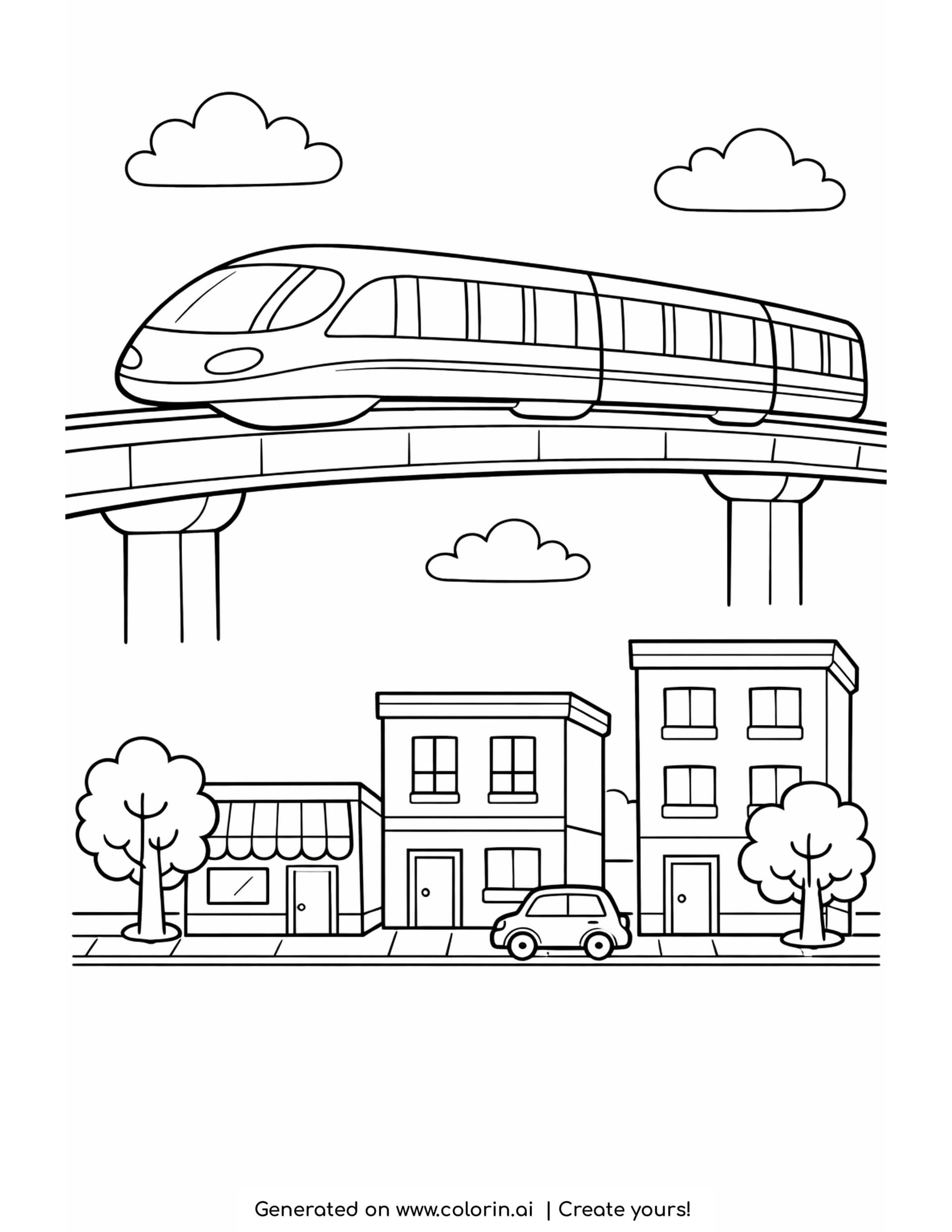 monorail coloring pages: a smooth monorail on an elevated beam above a city street with shops and trees