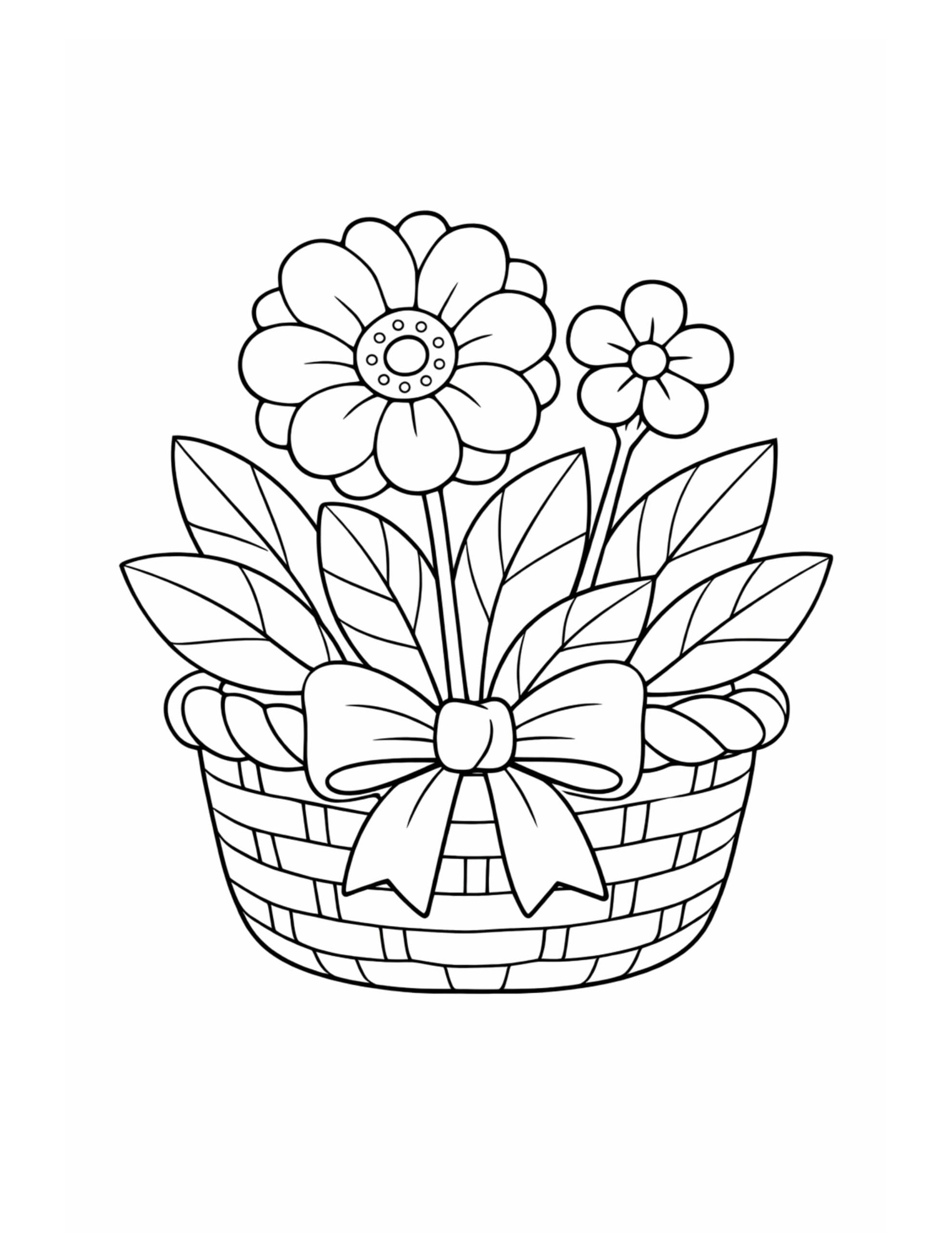 flower basket with bow coloring page with a woven basket, big ribbon, leafy stems, and two blooms coloring page