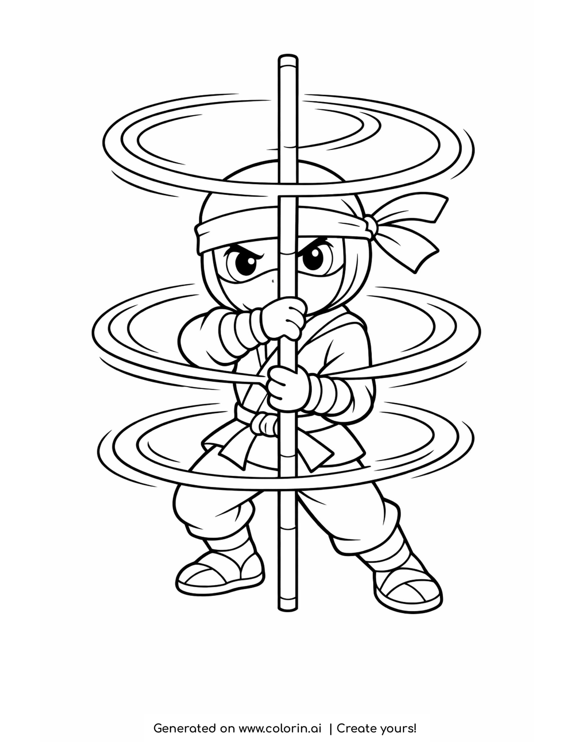 bo staff coloring pages - cartoon ninja gripping a tall bo staff with three loops of spin around him