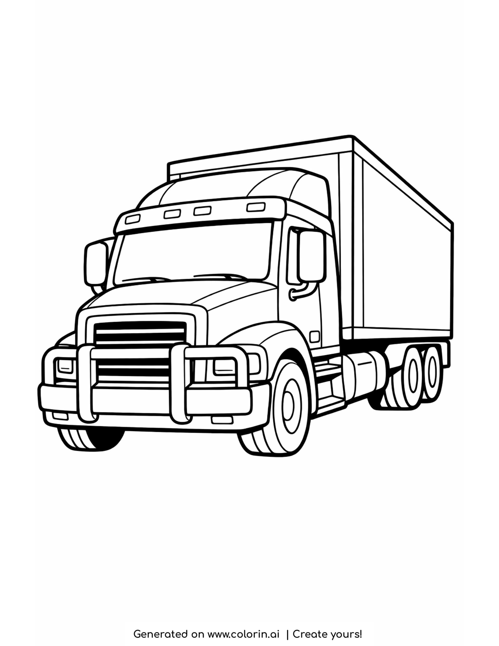 truck coloring pages: a bold box truck seen from a front corner with thick clean outlines