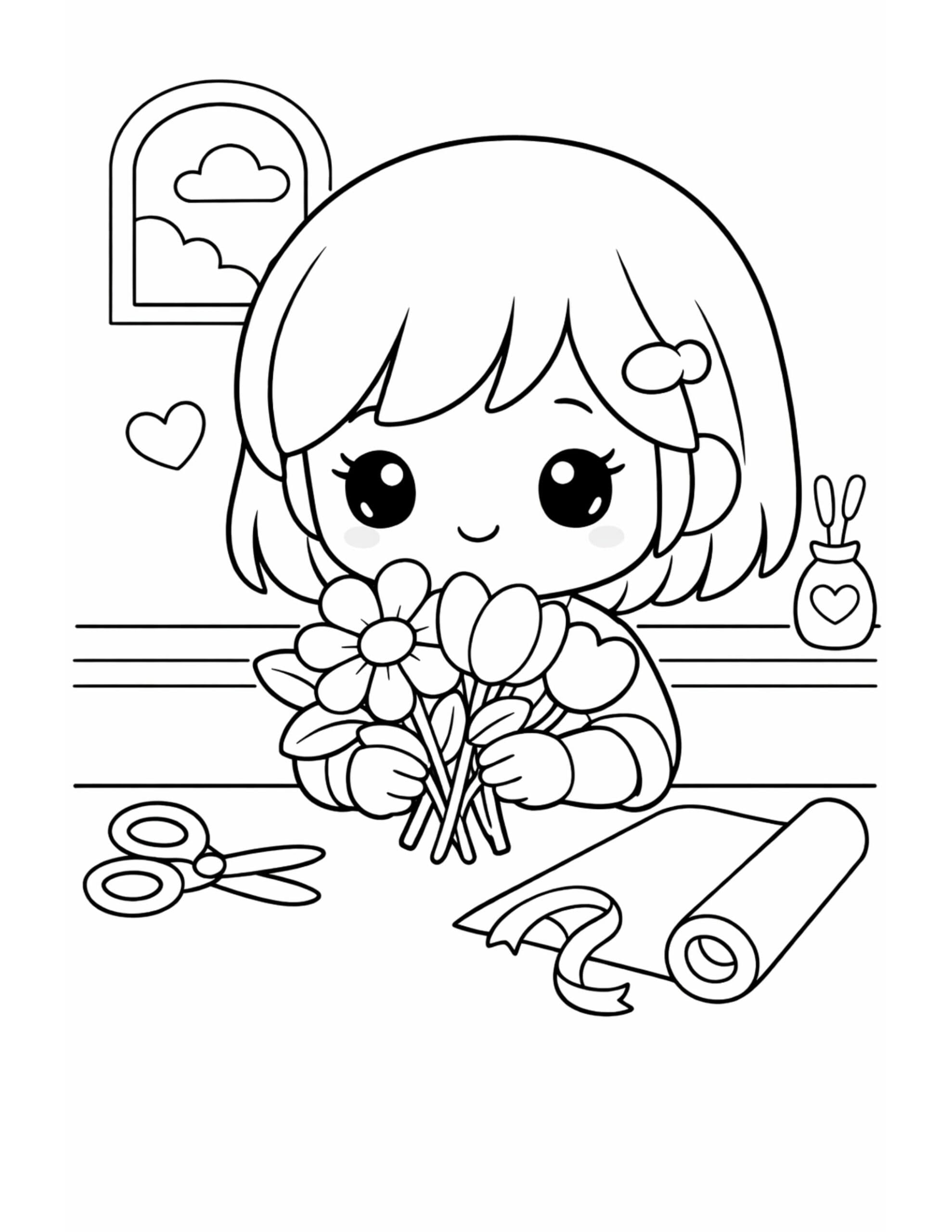 girl holding flower bouquet coloring page, cute kid arranging flowers at a craft table