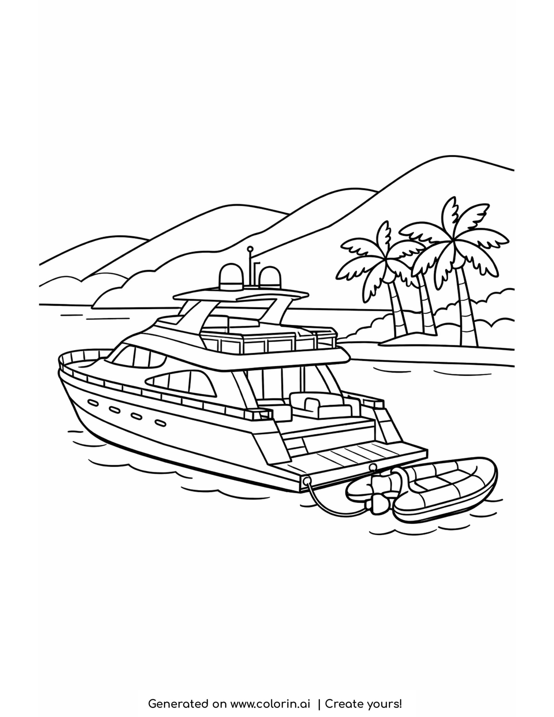 yacht coloring page - a three deck motor yacht anchored in a bay with radar domes, a swim platform, a tied dinghy and three palm trees