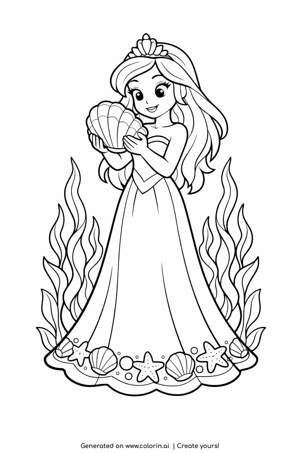 sea princess holding a seashell coloring page with seaweed and ocean details coloring page