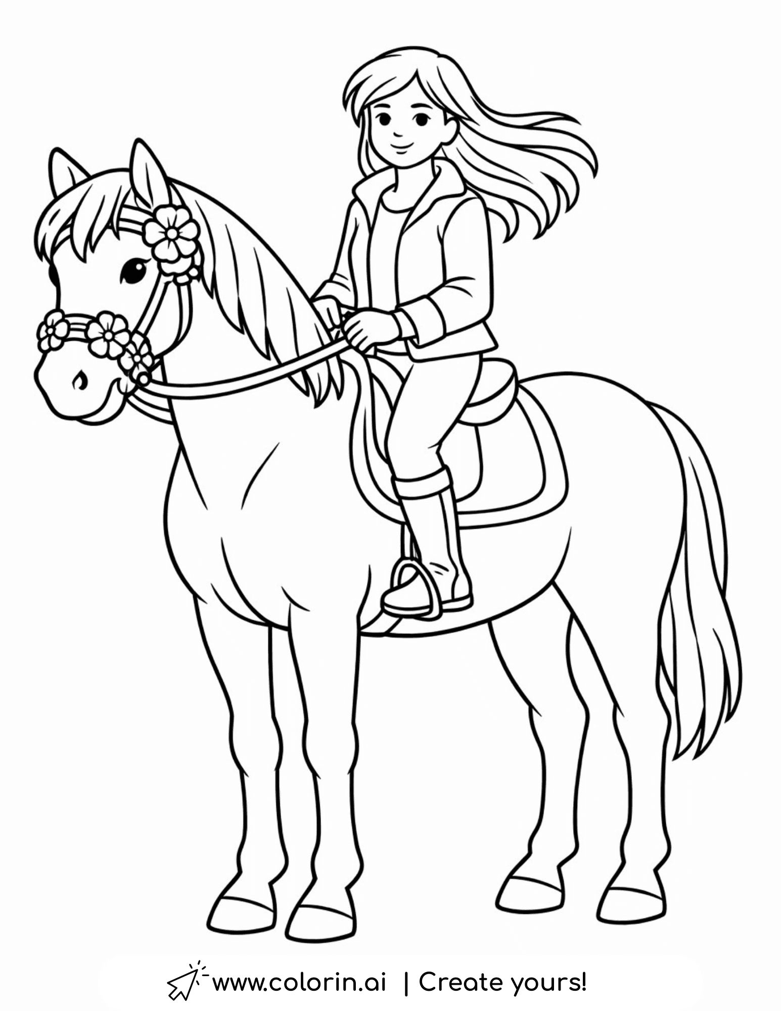 girl riding horse with flower bridle coloring page floral decorated bridle illustration coloring page