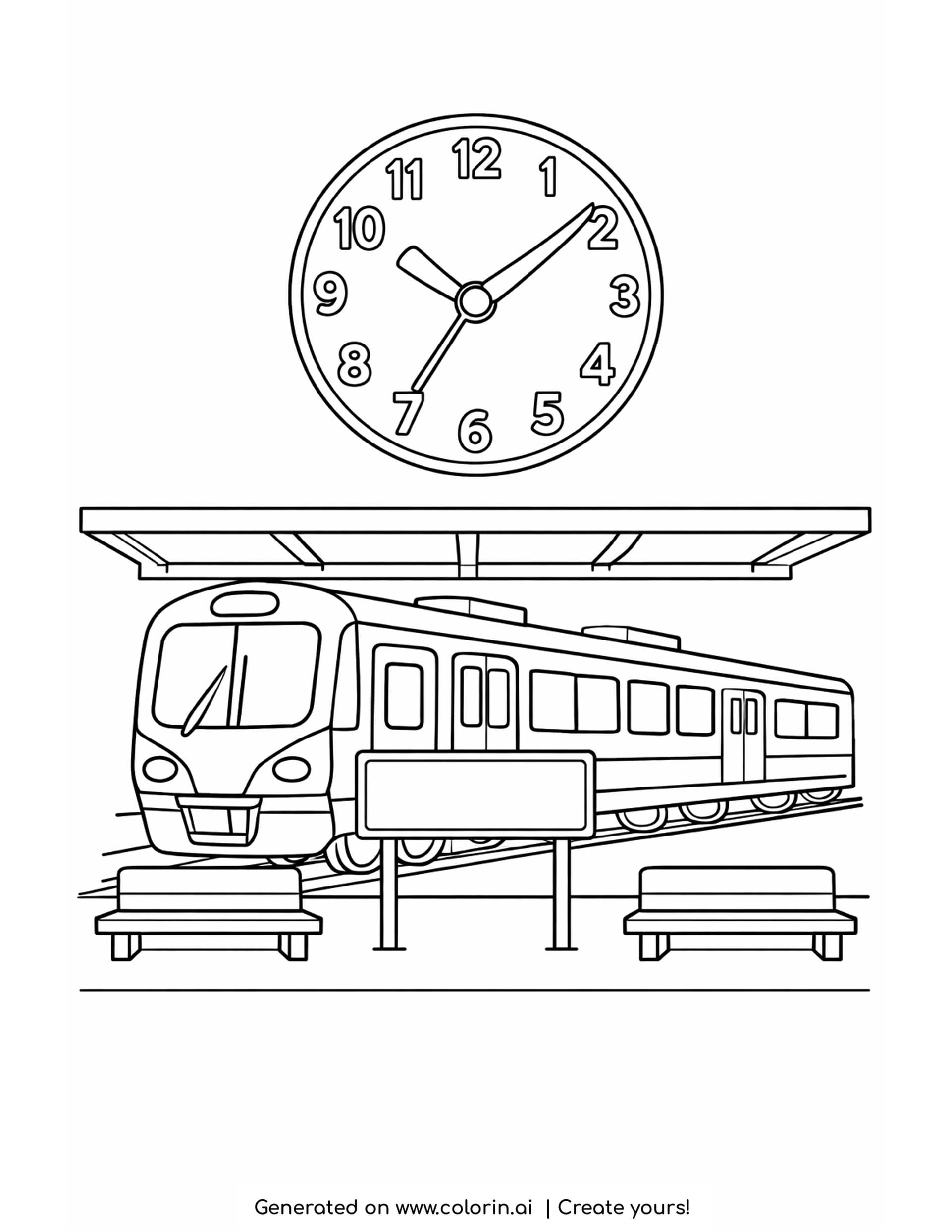 train coloring page: a commuter train at a station platform under a canopy, with a big clock, two benches and a blank signboard