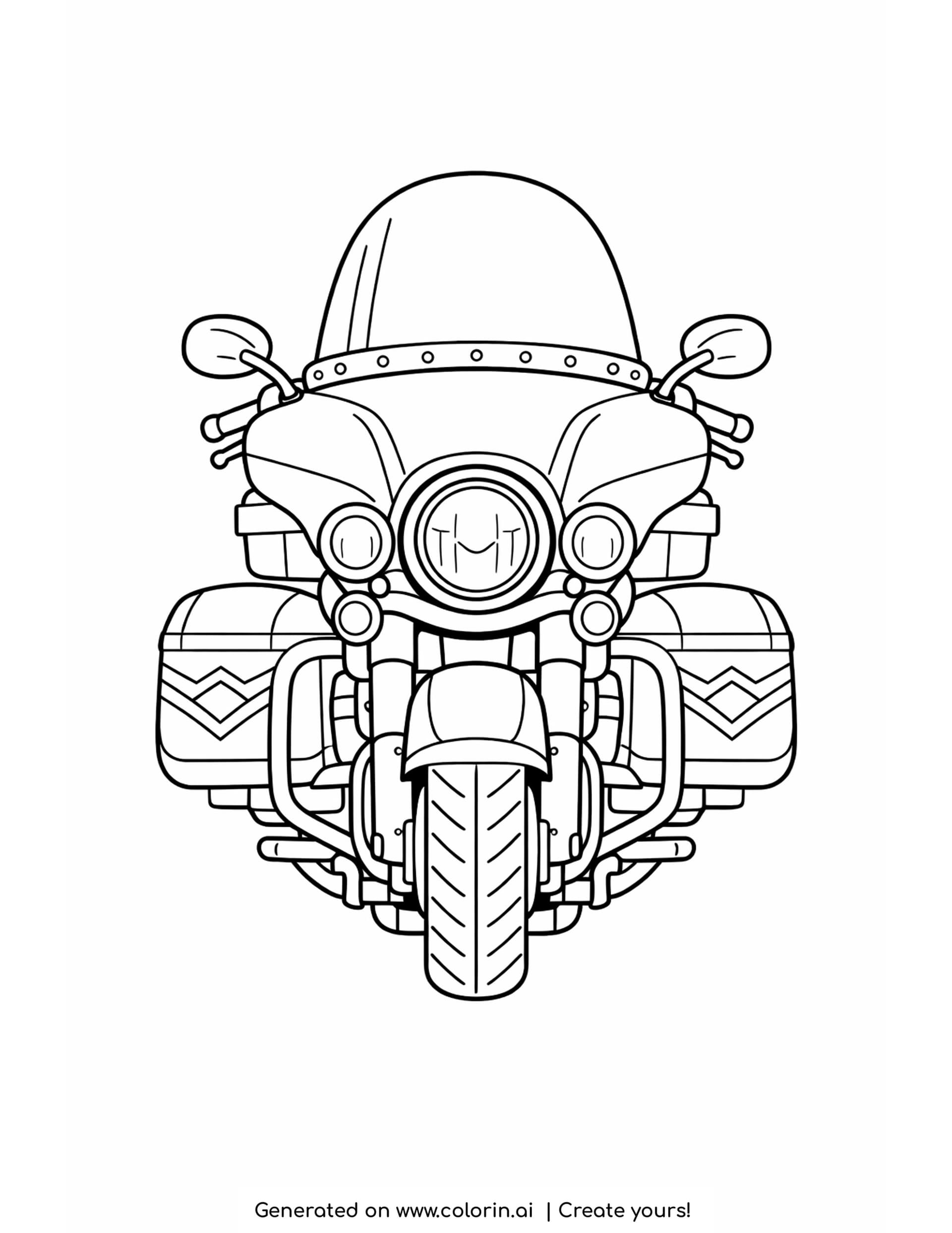 touring motorcycle coloring pages - big touring motorcycle seen from the front with a tall windshield and saddlebags