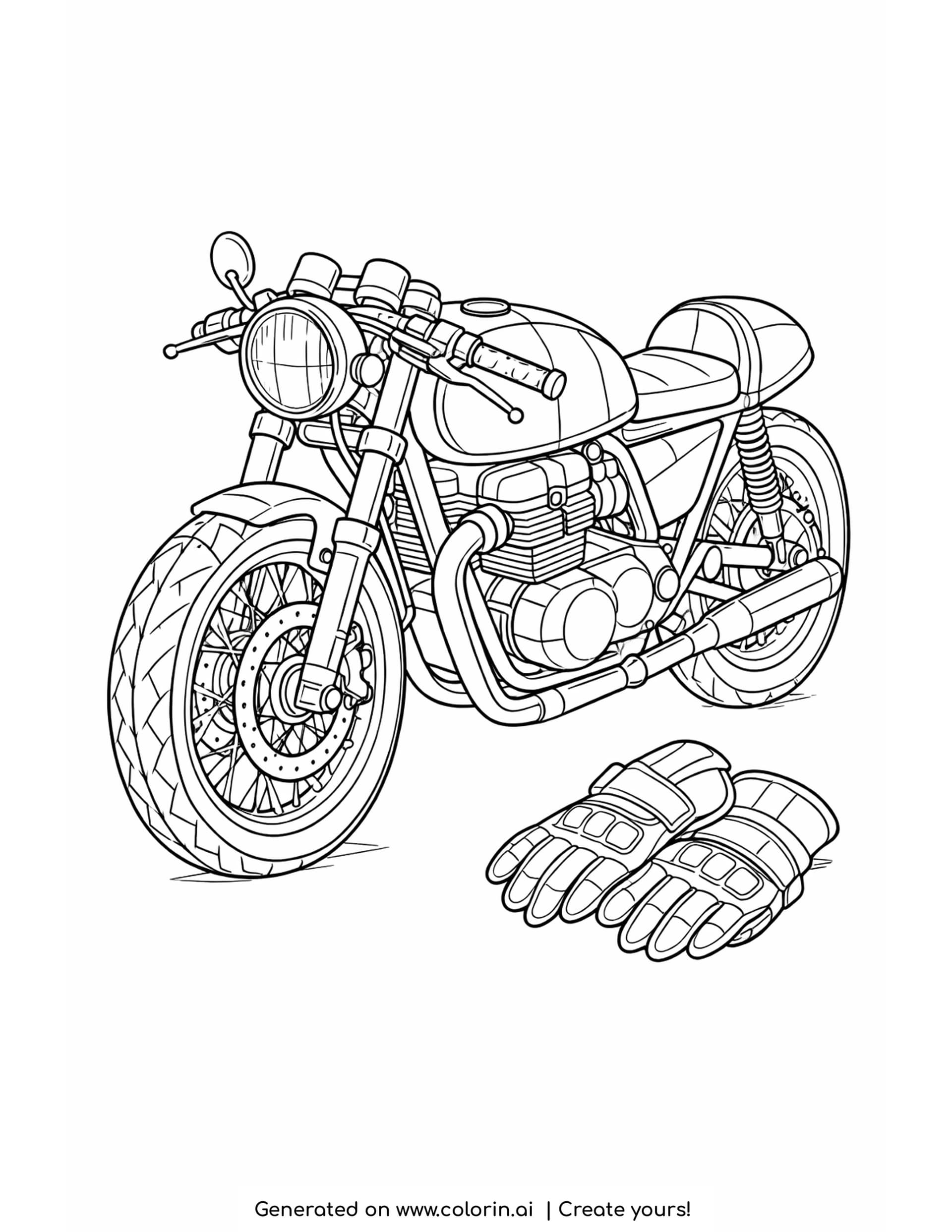 detailed cafe racer coloring pages - detailed cafe racer with a rounded tank, spoked wheels and a seat cowl