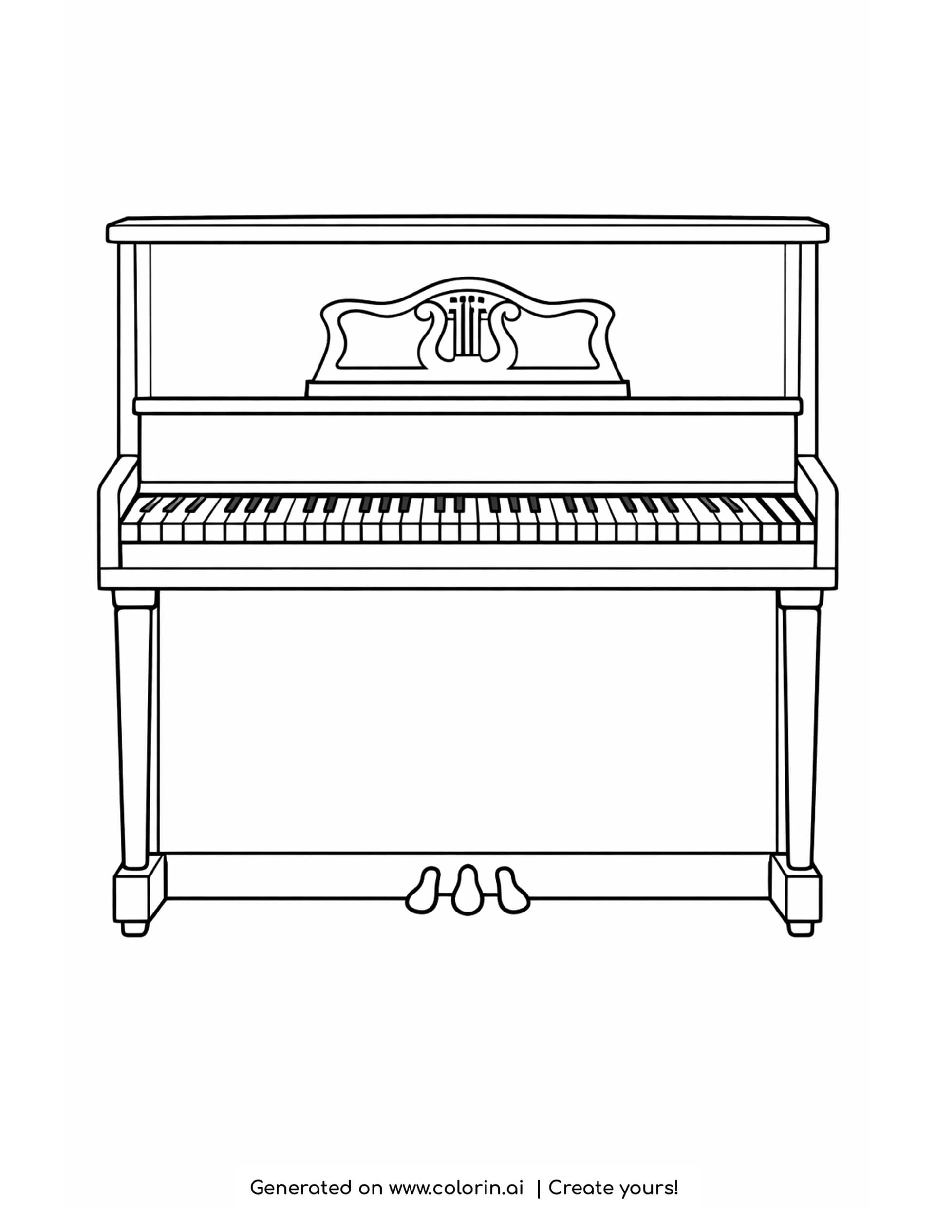 simple piano coloring pages - an upright piano seen straight on with a full keyboard, carved music desk and three pedals
