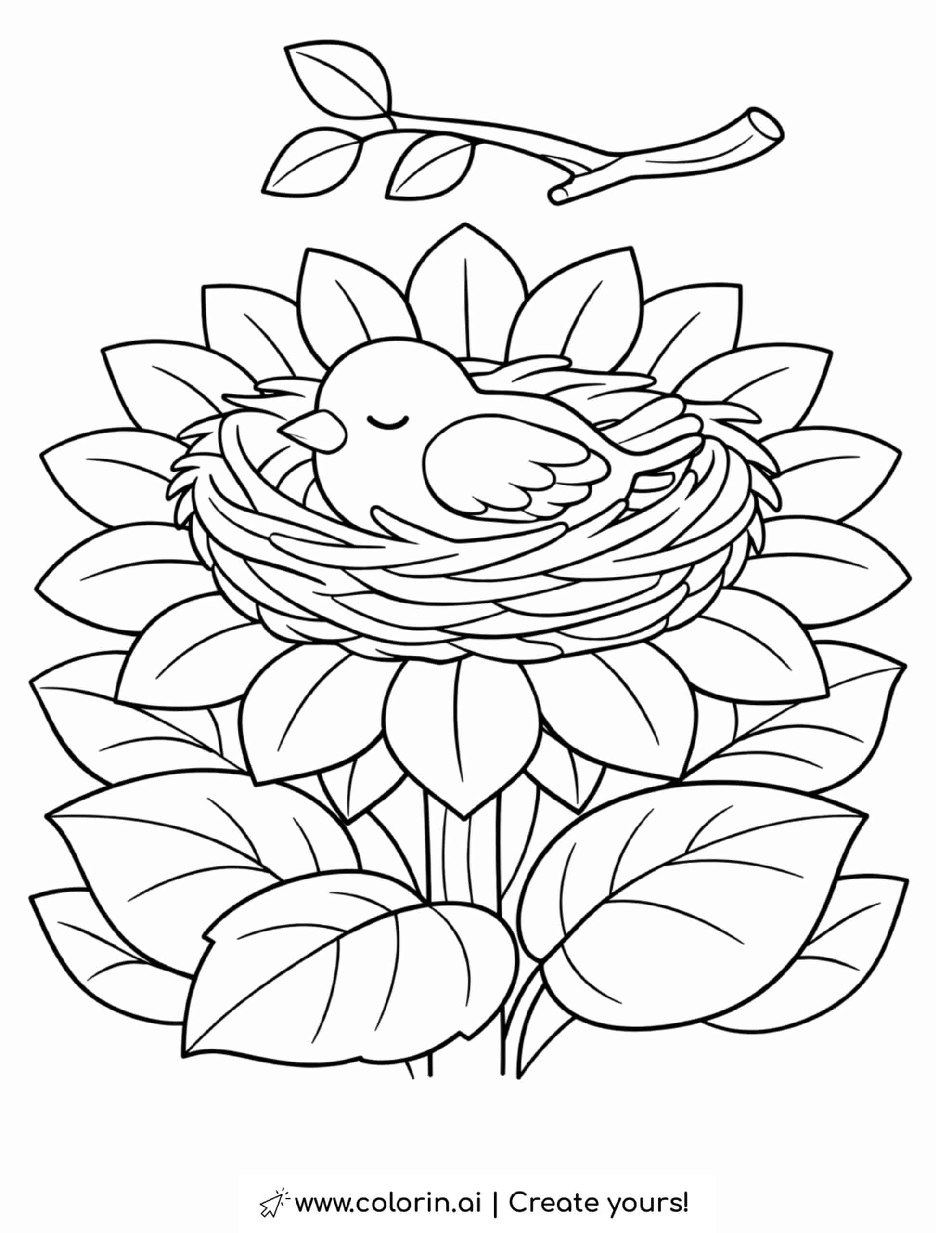 bird resting in nest on sunflower coloring page with large leaves and branch