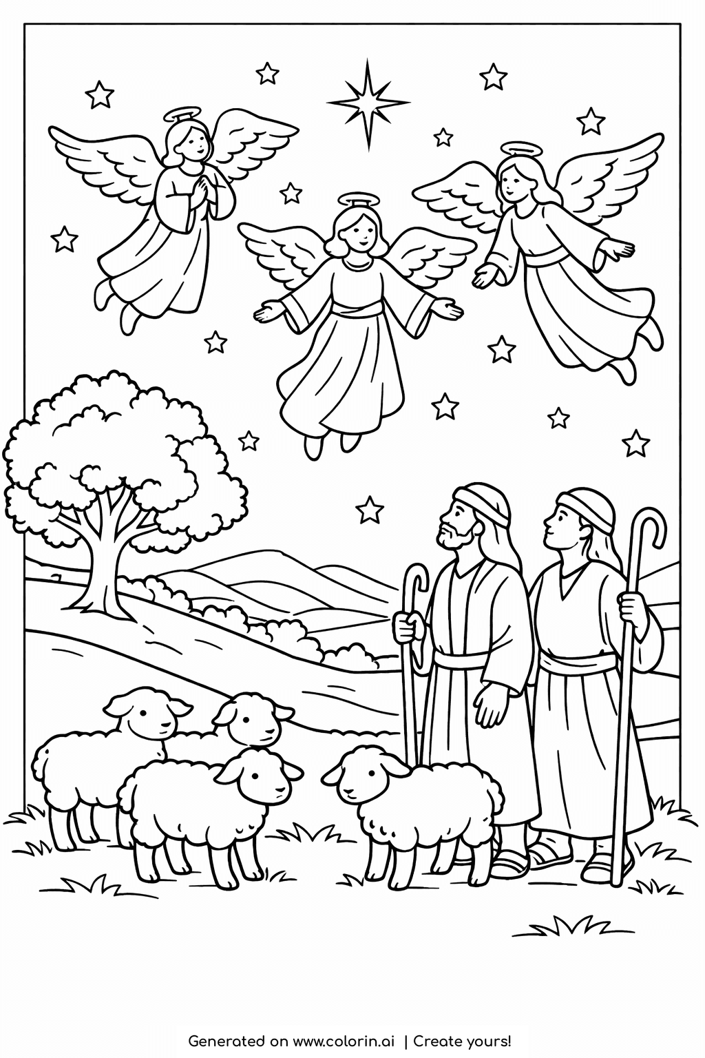 bible stories coloring pages, shepherds and sheep on a hillside at night looking up at angels and a bright star