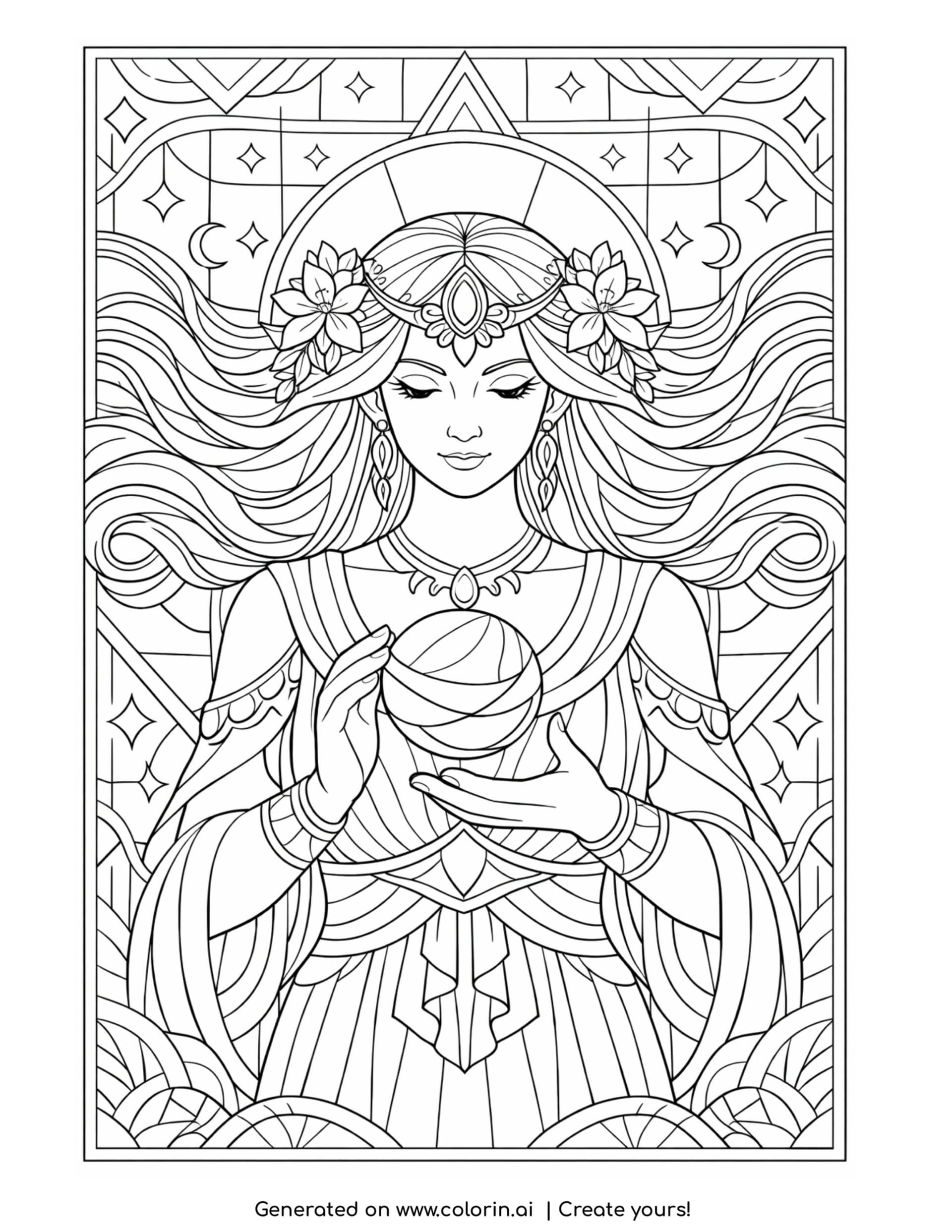 goddess holding floating sphere coloring page with flowing hair and floral accents
