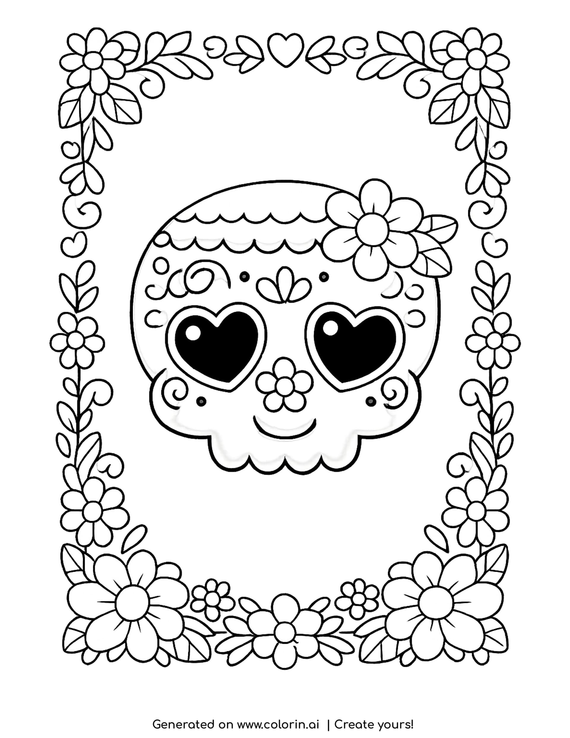 sugar skull with heart eyes coloring pages, smiling calavera with two heart shaped eyes inside a border of flowers and vines