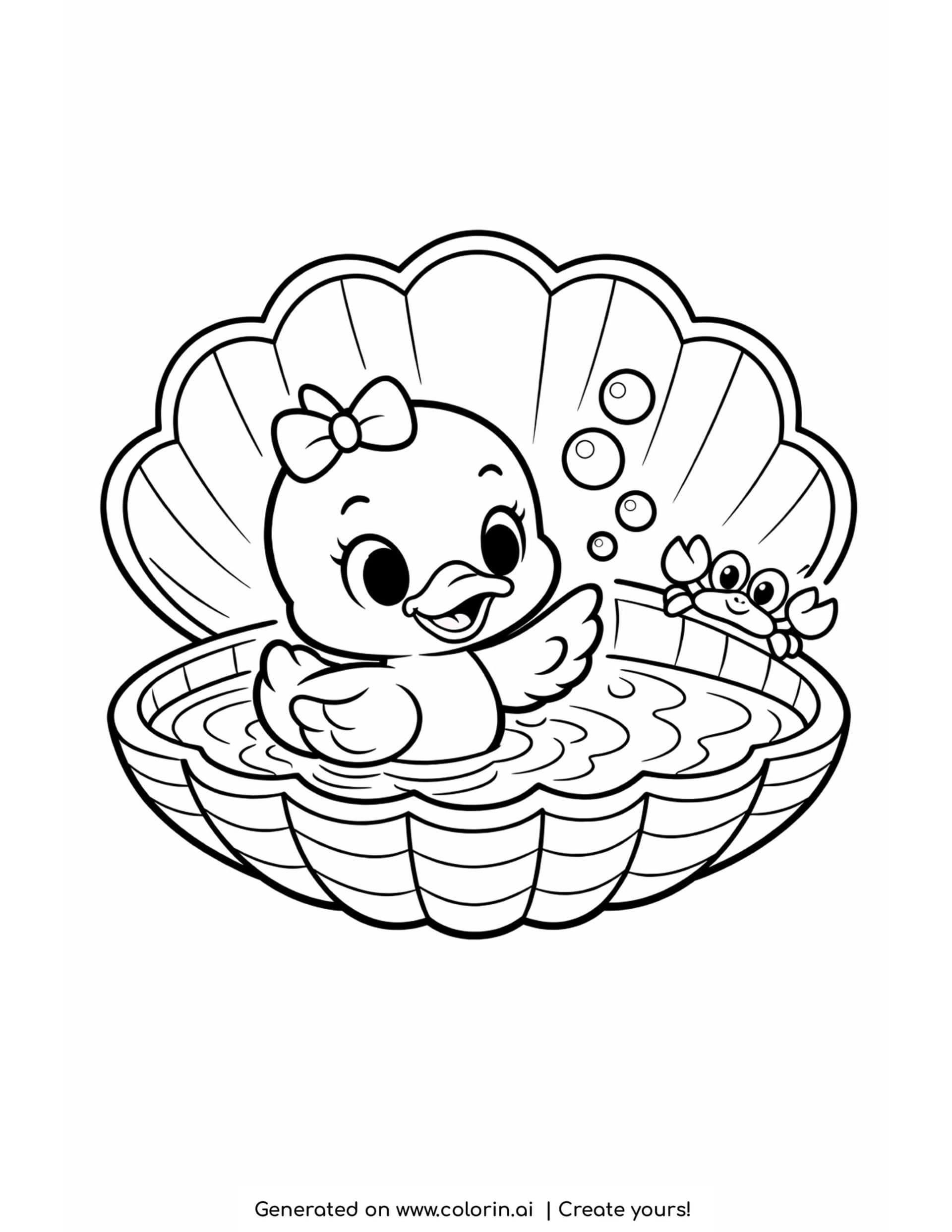 duck swimming in a seashell coloring page with bubbles and tiny crab