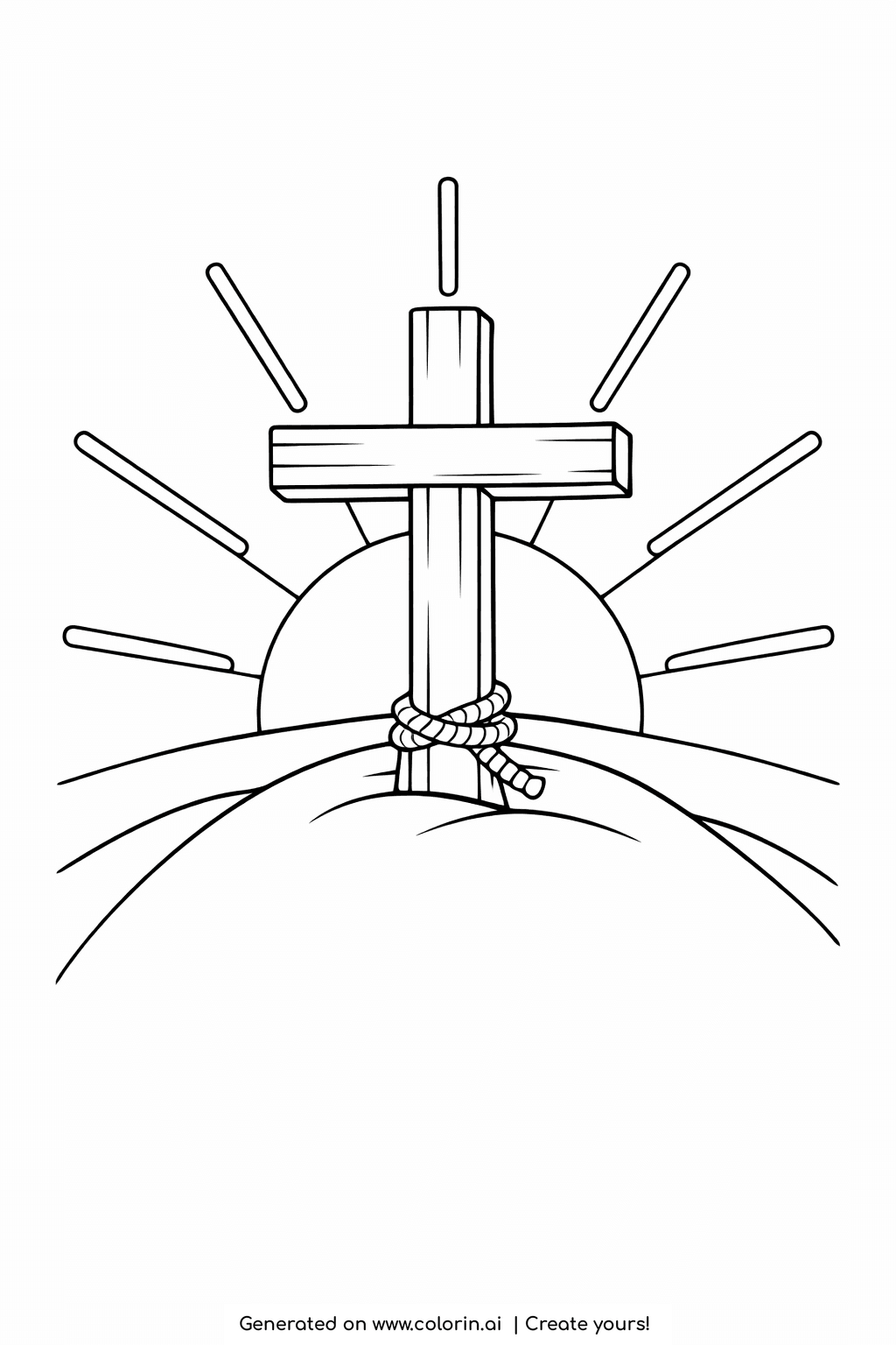simple bible coloring pages, a wooden cross on a hill with a rising sun and light rays