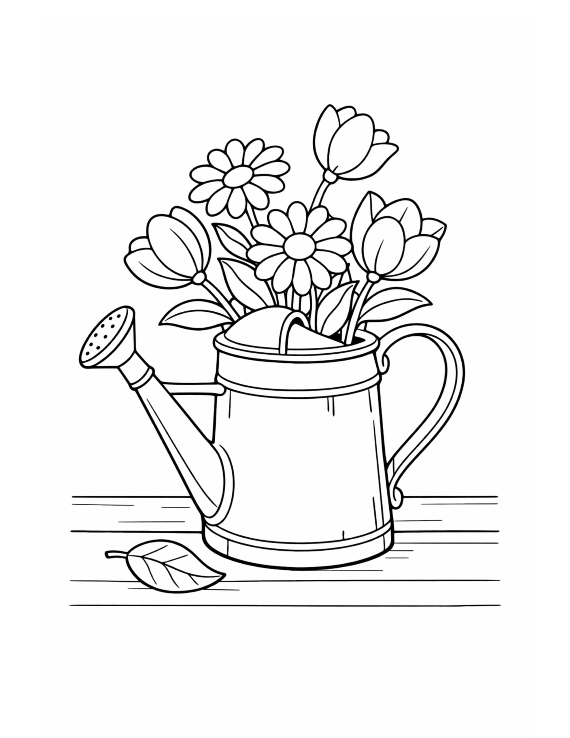 watering can flower arrangement coloring page featuring a metal can on a wooden table with blooms and a fallen leaf
