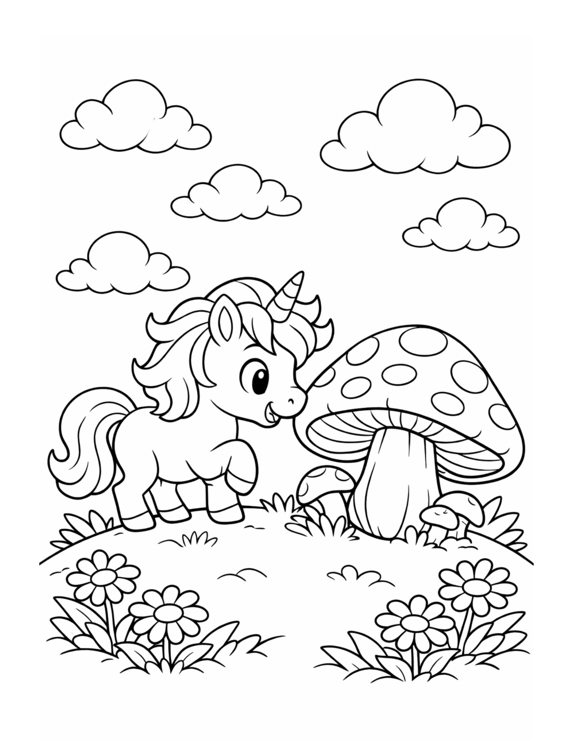 unicorn meeting a giant mushroom coloring page beside spotted toadstools and meadow flowers coloring page