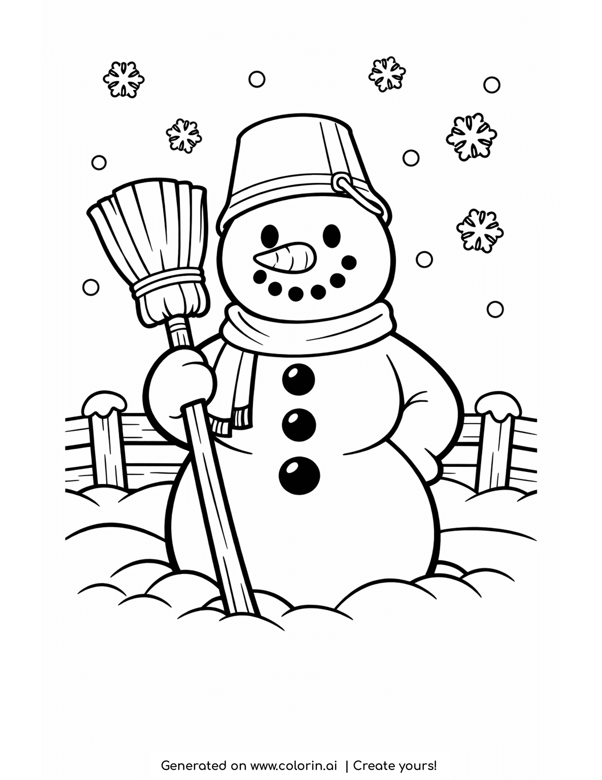 snowman coloring pages, a classic snowman wearing a bucket hat and striped scarf holding an old broom by a fence