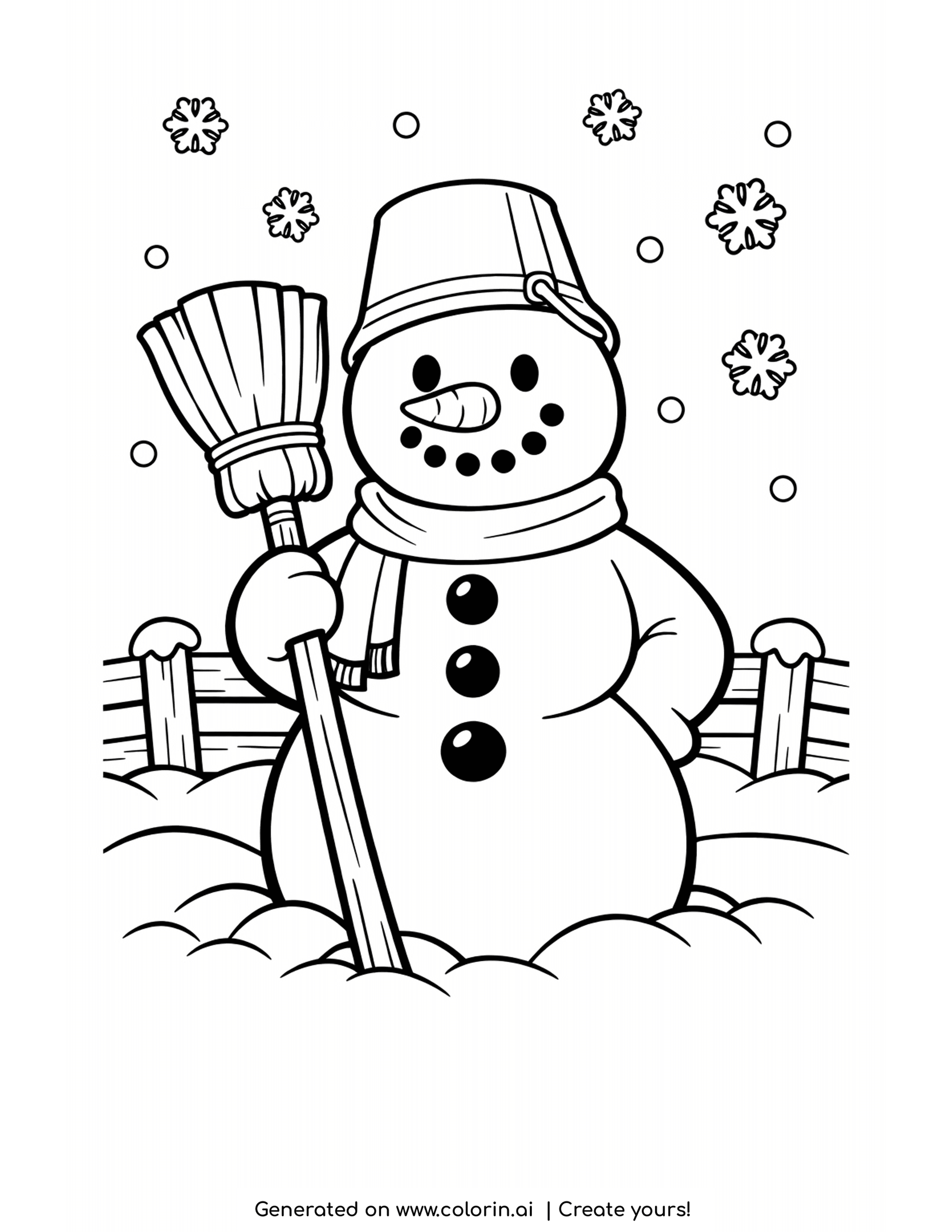 snowman coloring pages, a classic snowman wearing a bucket hat and striped scarf holding an old broom by a fence