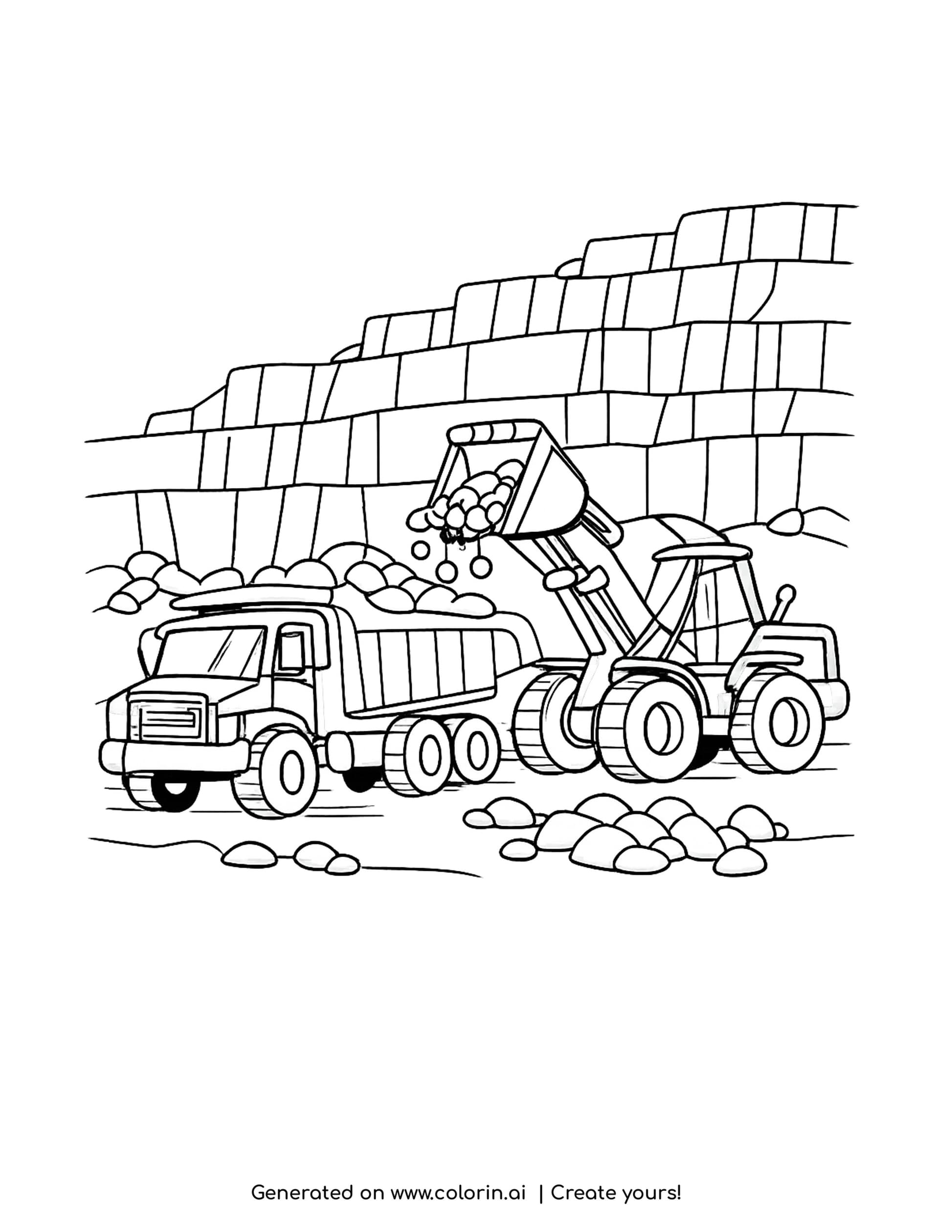 dump truck at the quarry coloring pages: a wheel loader tipping rock into a dump truck at a quarry wall