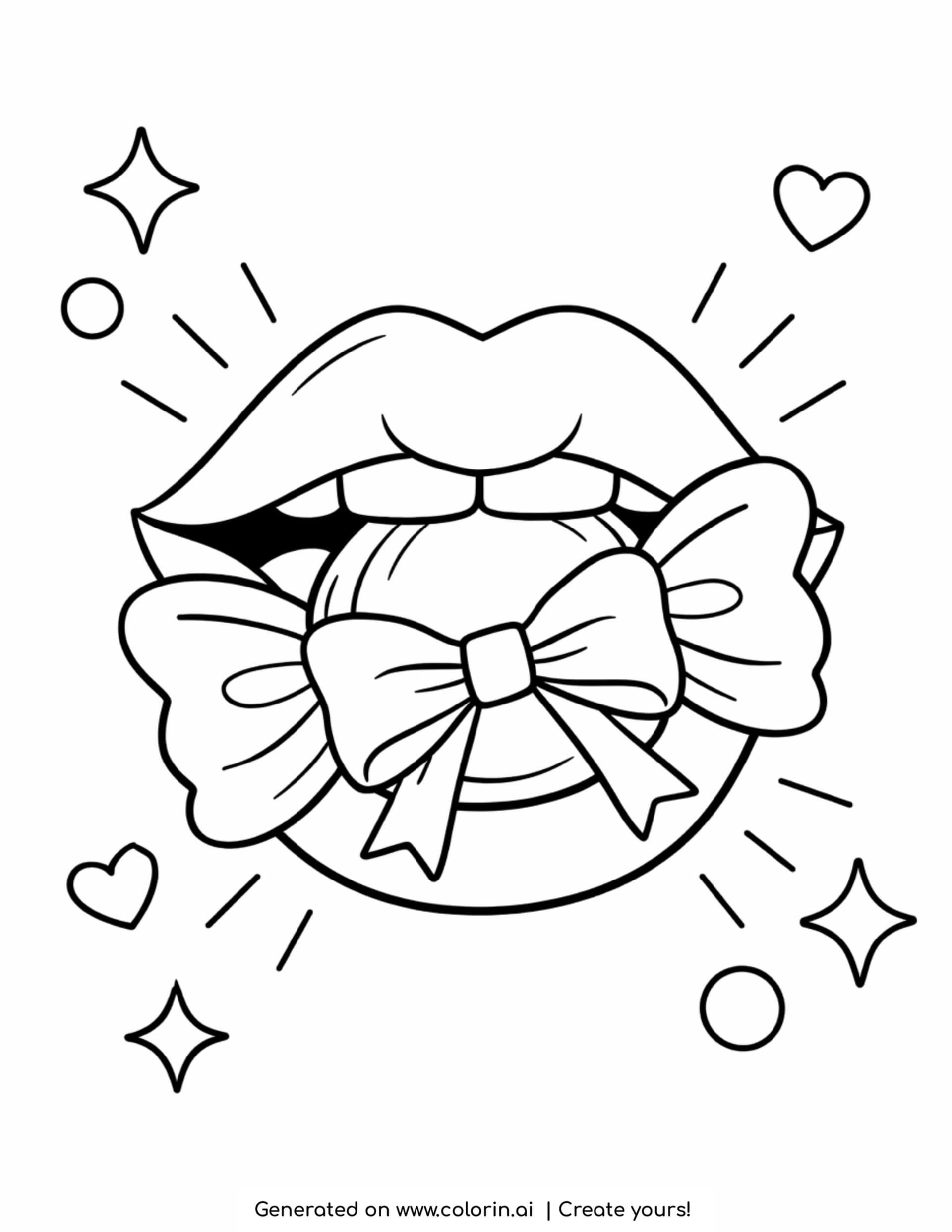 lips biting candy with bow coloring page with stars hearts and shine lines