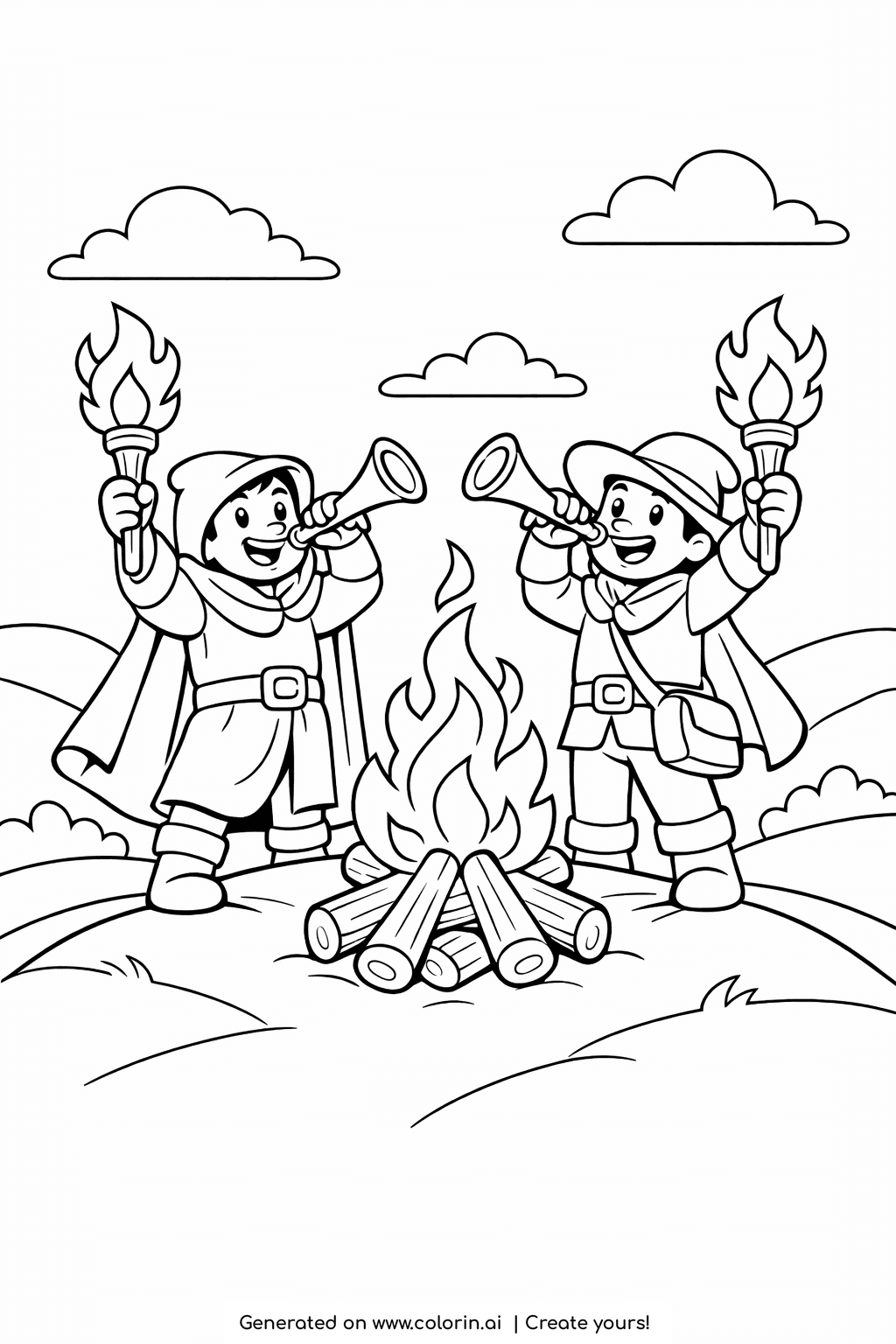 bible story coloring pages, two of Gideon's soldiers by a campfire raising torches and blowing trumpets at night