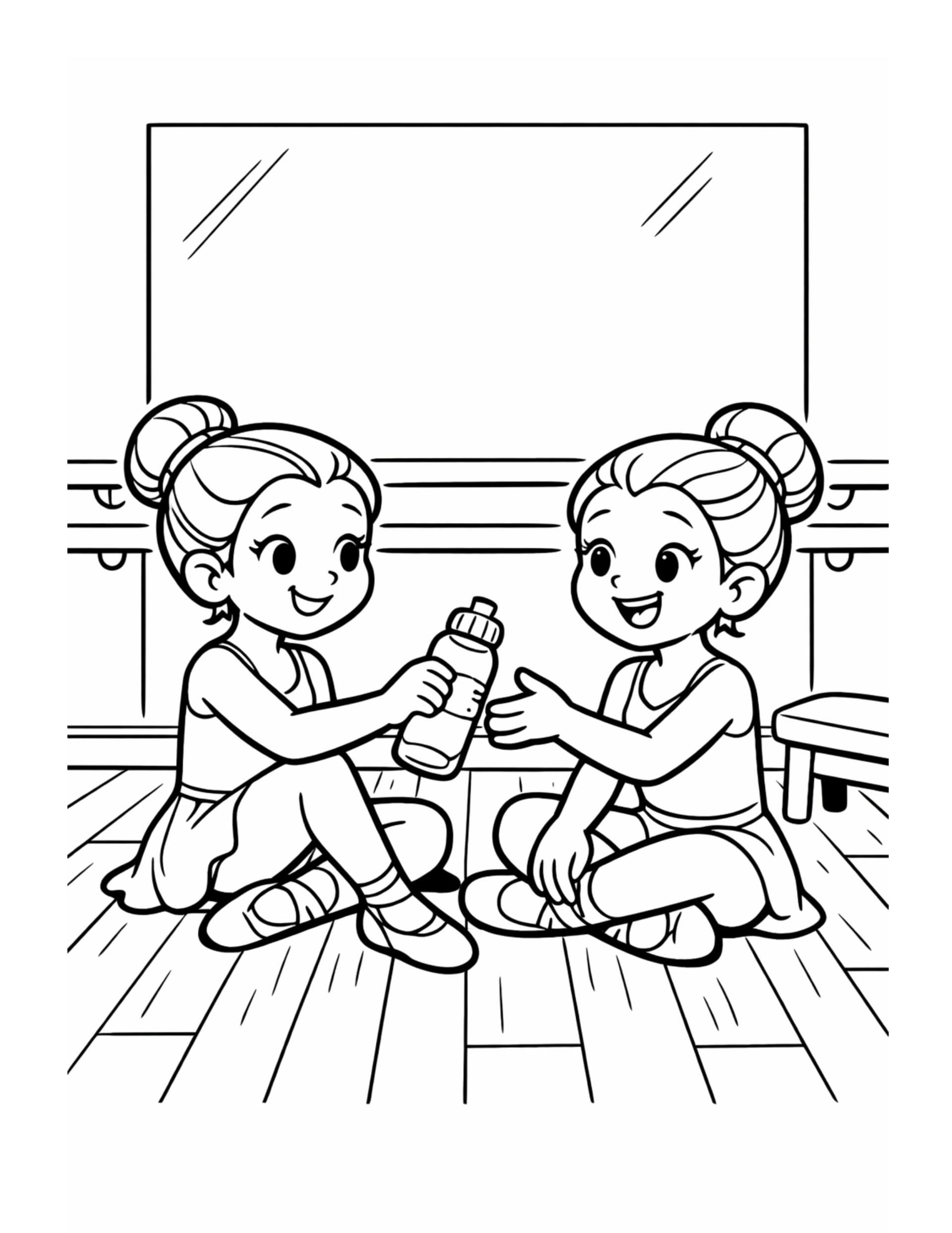 two ballerinas sharing water bottle coloring page in a ballet studio mirror moment coloring page