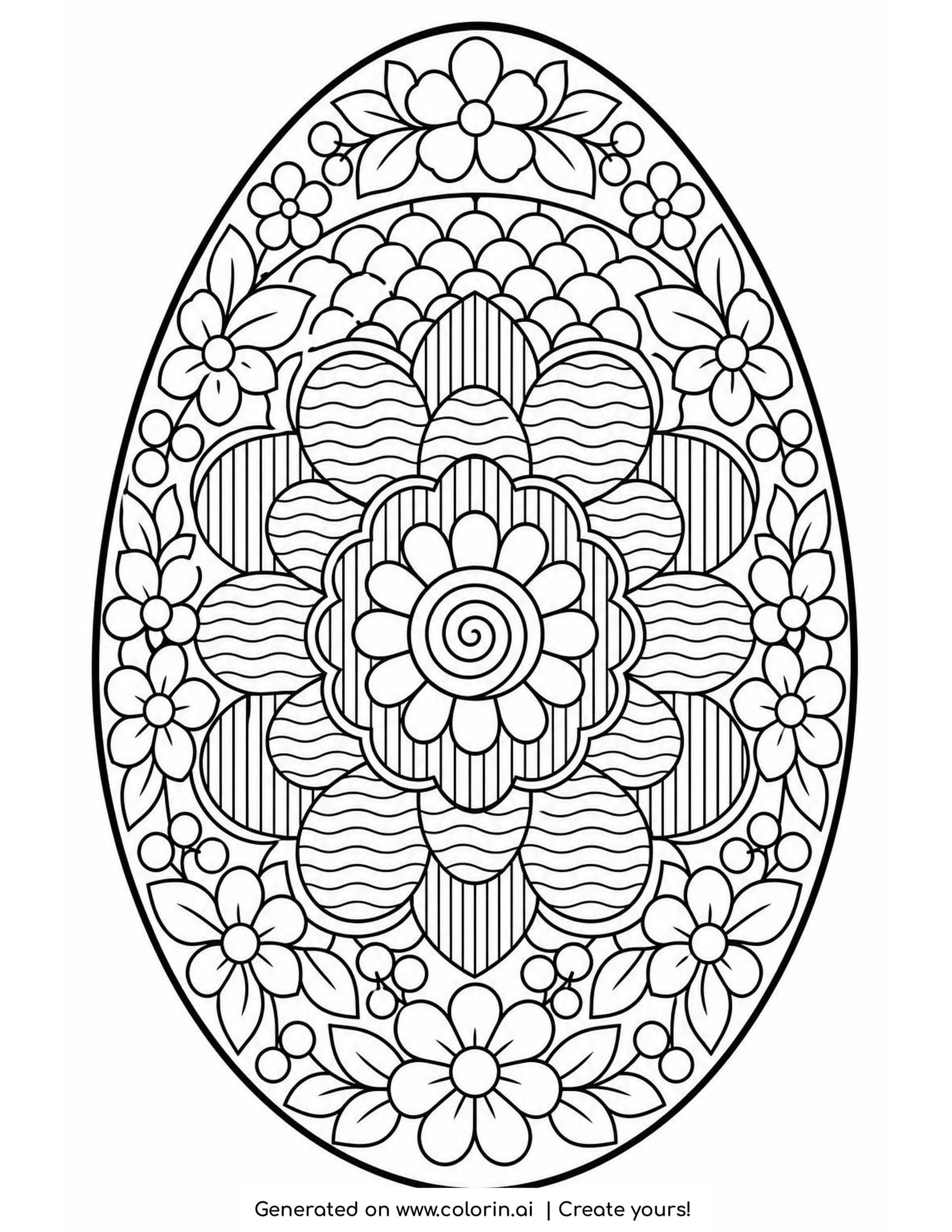 Easter mandala coloring page shaped like an egg, with a spiral center, rings of striped and wavy petals and a border of small flowers and leaves