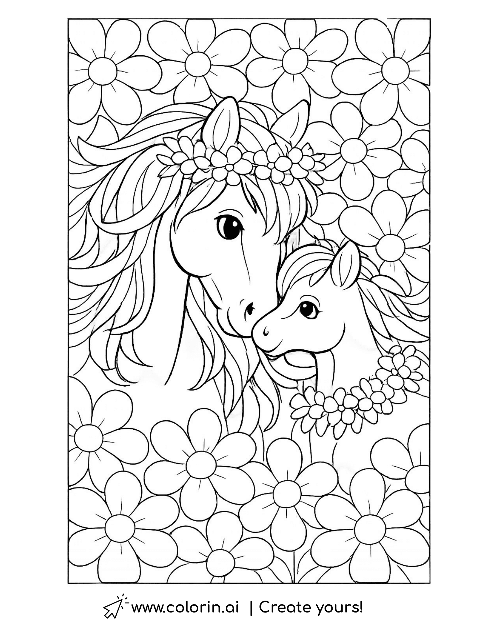 horse and foal with flower crowns coloring page surrounded by daisies